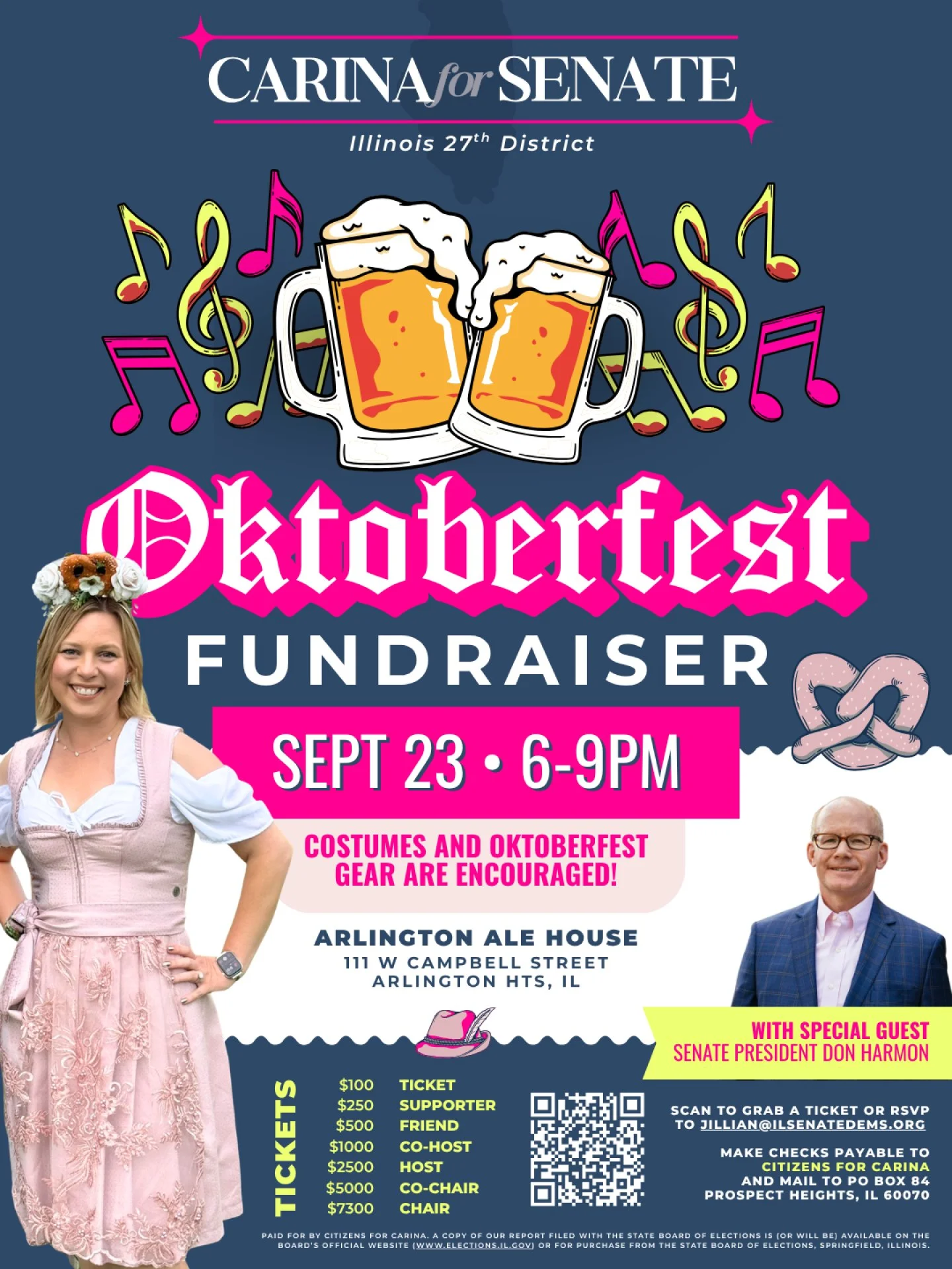 Wednesday, September 23rd. Arlington Ale House. 6 to 9pm.

We're doing Oktoberfest, and Senate President Don Harmon is joining us as a special guest. There will be pretzels, there will be questionable costume choices, and there will be a room full of