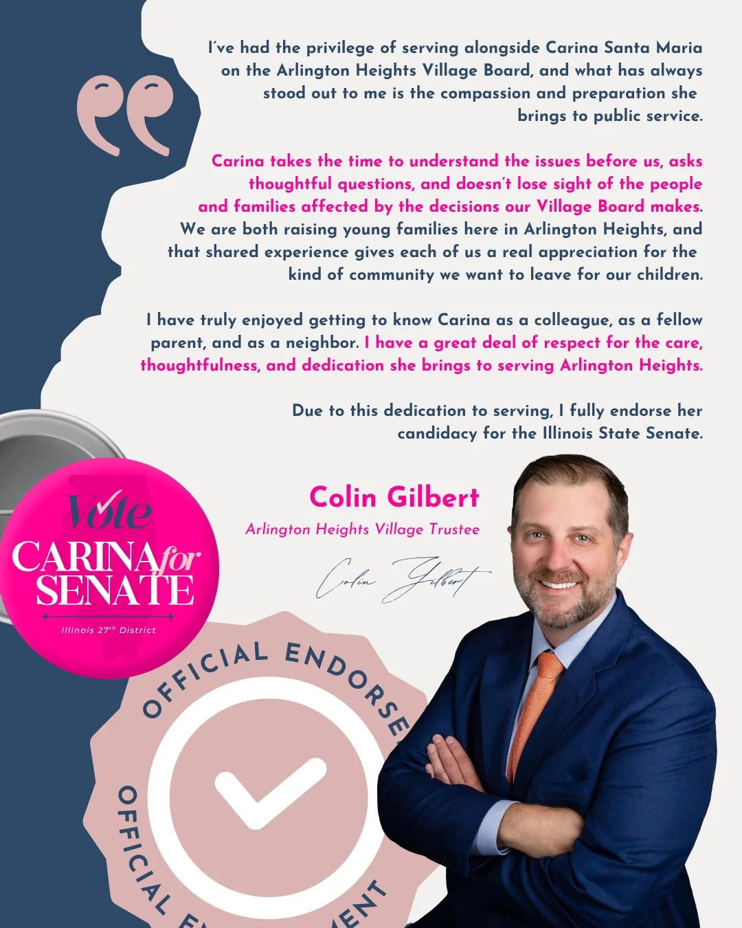 This endorsement means a lot to me. 

Trustee Colin Gilbert understands the juggle in a way not everyone can. We&rsquo;re both Village Trustees. We&rsquo;re both parents of school-aged kids. We&rsquo;re both balancing meetings, work, family, school s