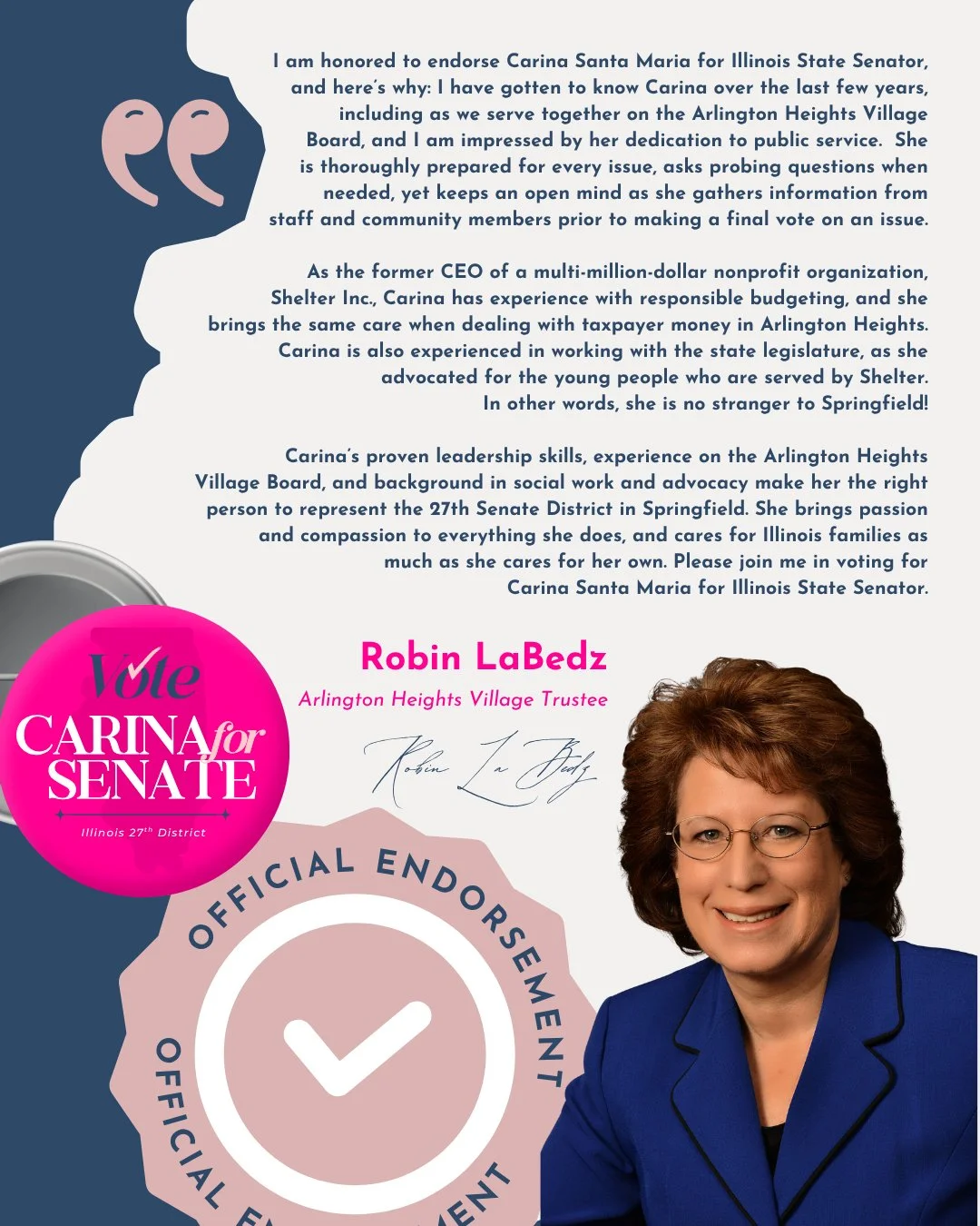 I&rsquo;m honored to have the endorsement of fellow Village Trustee Robin LaBedz!

There&rsquo;s something especially meaningful about the support of someone who knows me, has worked alongside me, and has seen firsthand my commitment to our community