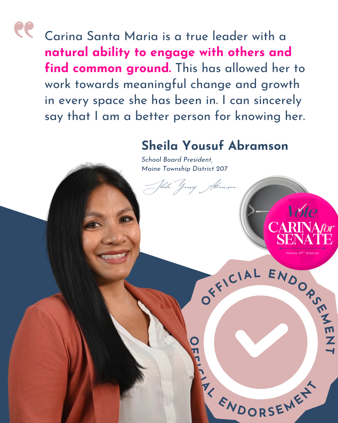 Officially Endorsed by Sheila Yousuf Abramson — School Board President, Maine Township District 207