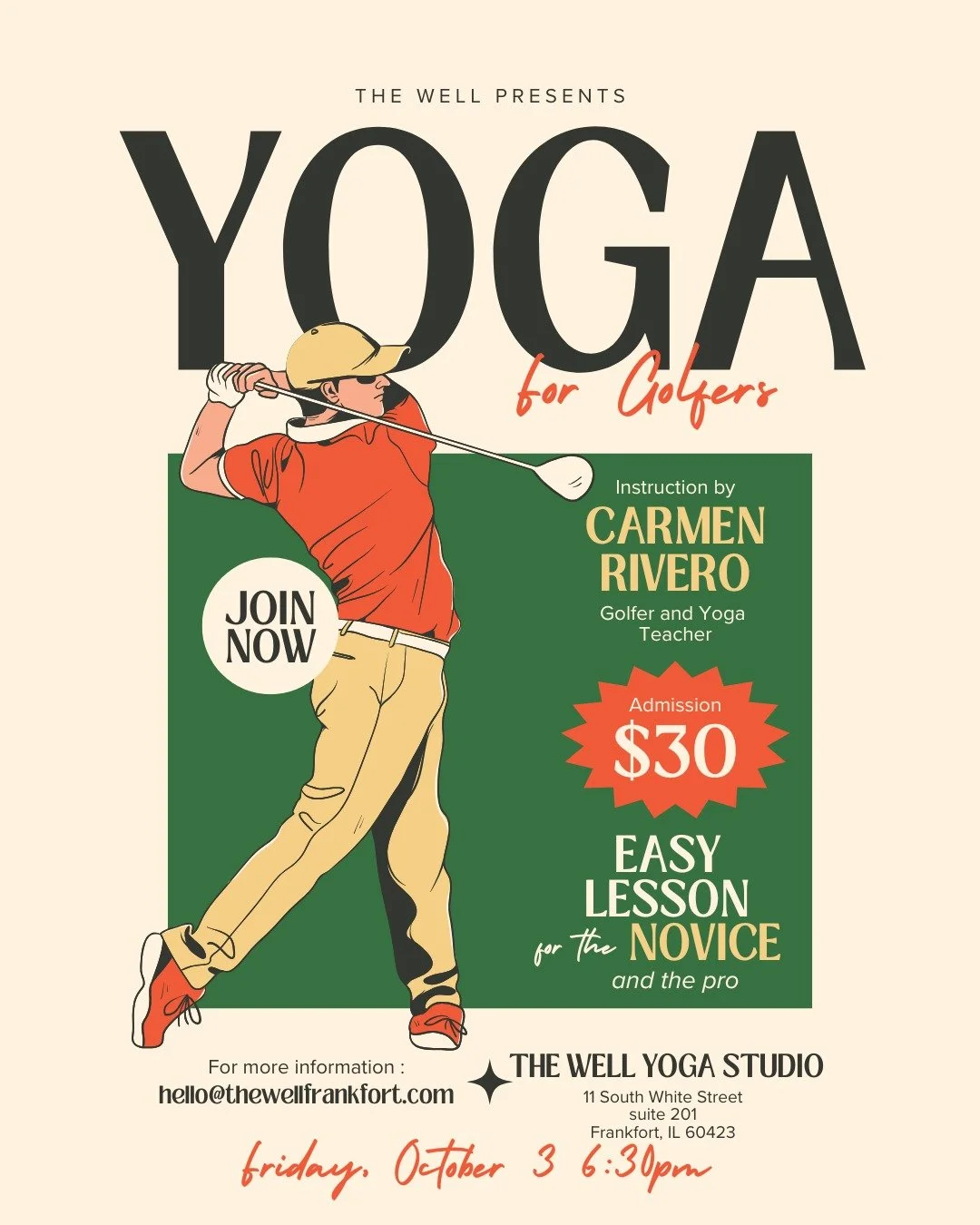 Is fall golf the best golf? ⛳️ 
The 'ber months are here and so are we to help you have your best fall golf season yet! 🍁 
Join golfer and yogi Carmen Rivero Friday, October 3 at 6:30 pm! 🧘🏻&zwj;♀️ 🏌️ 
Not a golfer, but have one in your life? Thi