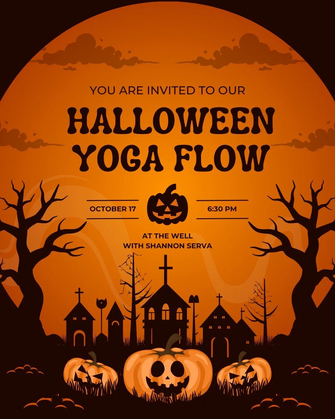 🕸️ Halloween Flow with Shannon 🎃
Friday, October 17 | 6:30&ndash;7:30 PM

Join us for a spooky good time on the mat! This Halloween-themed Vinyasa Flow will get your energy moving and your spirit lifted. Wear your favorite black or Halloween-inspir