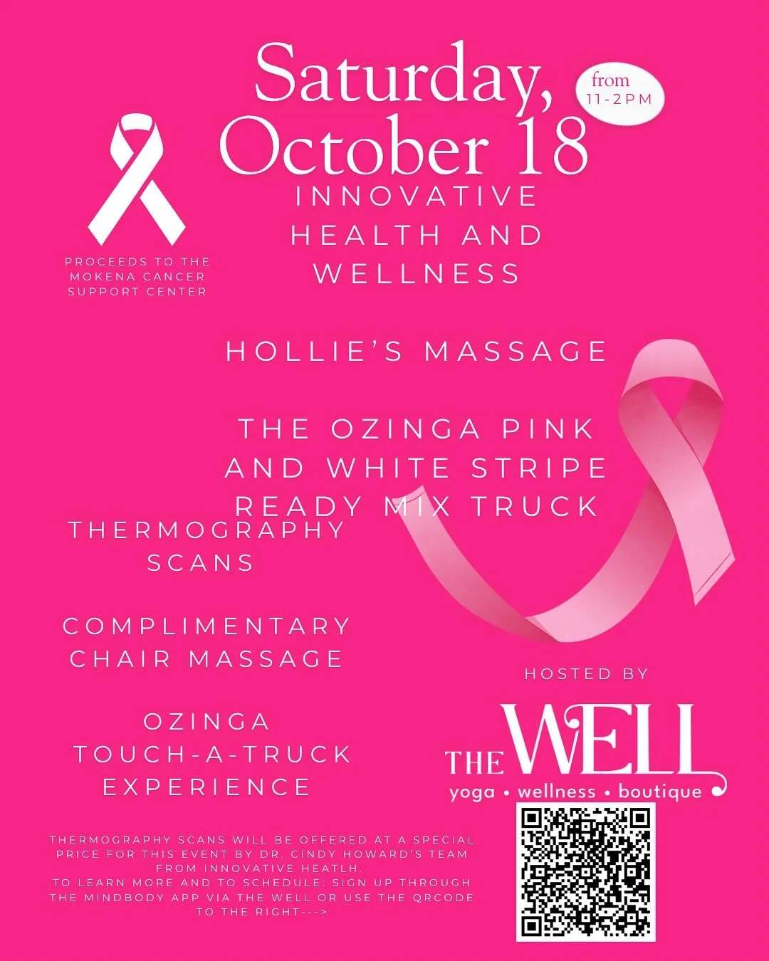 This Saturday at The Well! From 11-2 bring yourself, the women in your life, and even the kids! Thermography scans, complimentary chair massage, and touch-a-truck with the Ozinga pink and white ready mix truck! Schedule your therm on the mind body ap