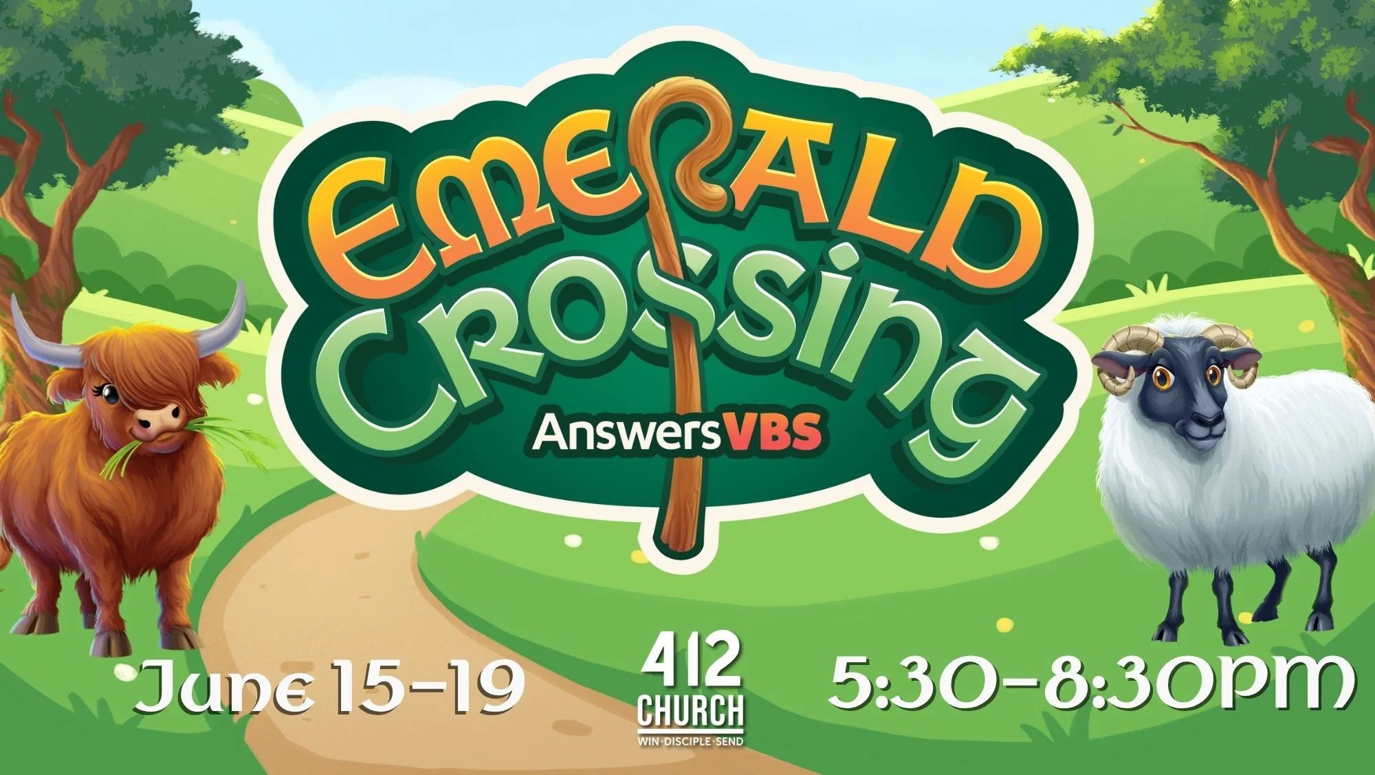 Colorful outdoor event poster for 'Edenfield Crossings Answers VBS' with cartoon animals, including a cow on the left and a goat on the right, set in a green landscape with trees and a view of hills in the background. Dates are June 15-19, and the event runs from 5:30 to 8:30 pm at a church.