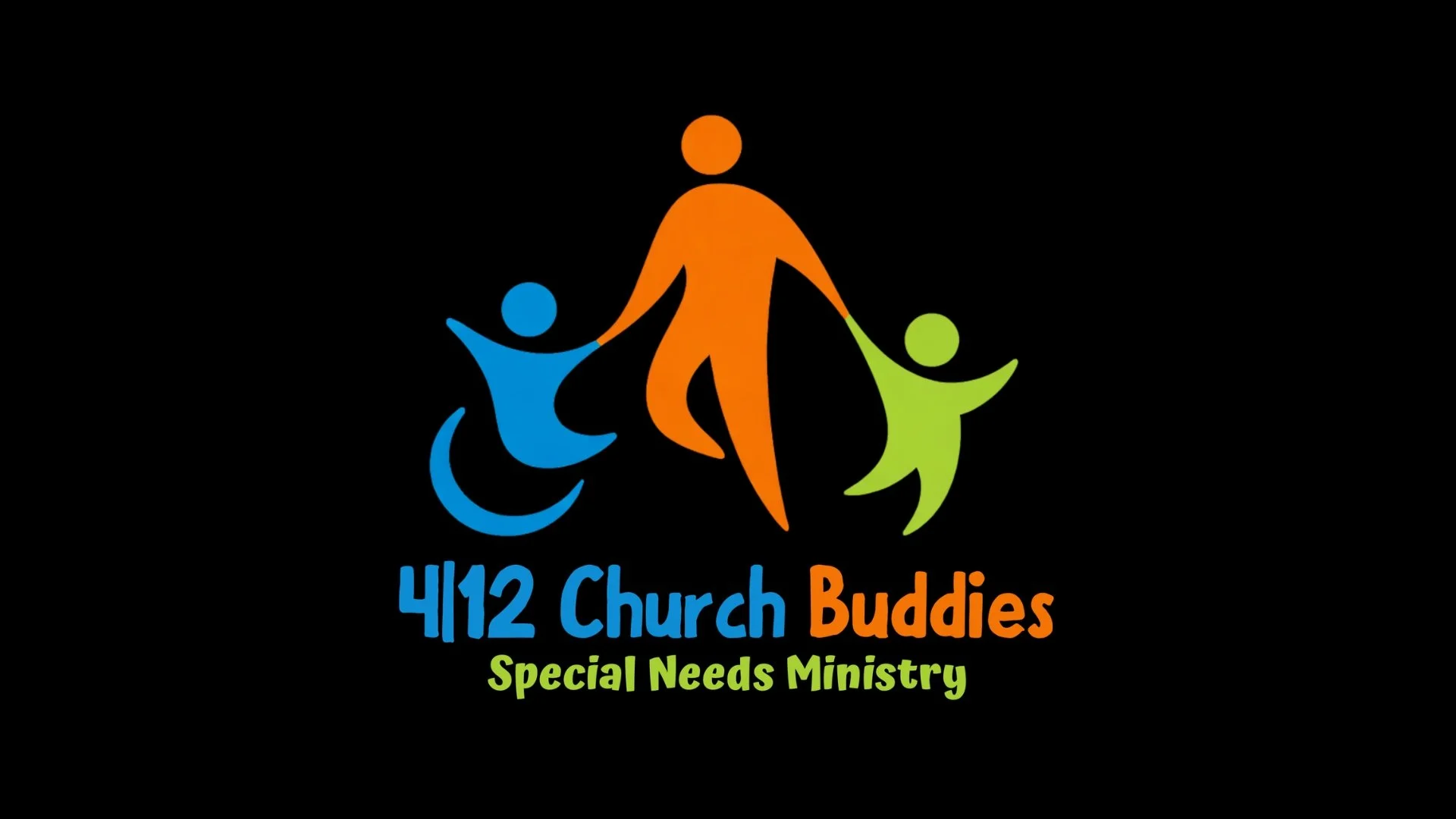 Logo for 412 Church Buddies, featuring a stylized orange adult figure holding hands with a blue child in a wheelchair and a green child, with the words "412 Church Buddies" and "Special Needs Ministry" below.