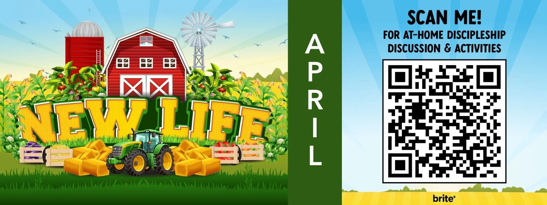 Colorful farm scene with a red barn, windmill, silo, yellow crops, and a green tractor with hay bales. Large yellow text reads 'NEW LIFE' in foreground.
