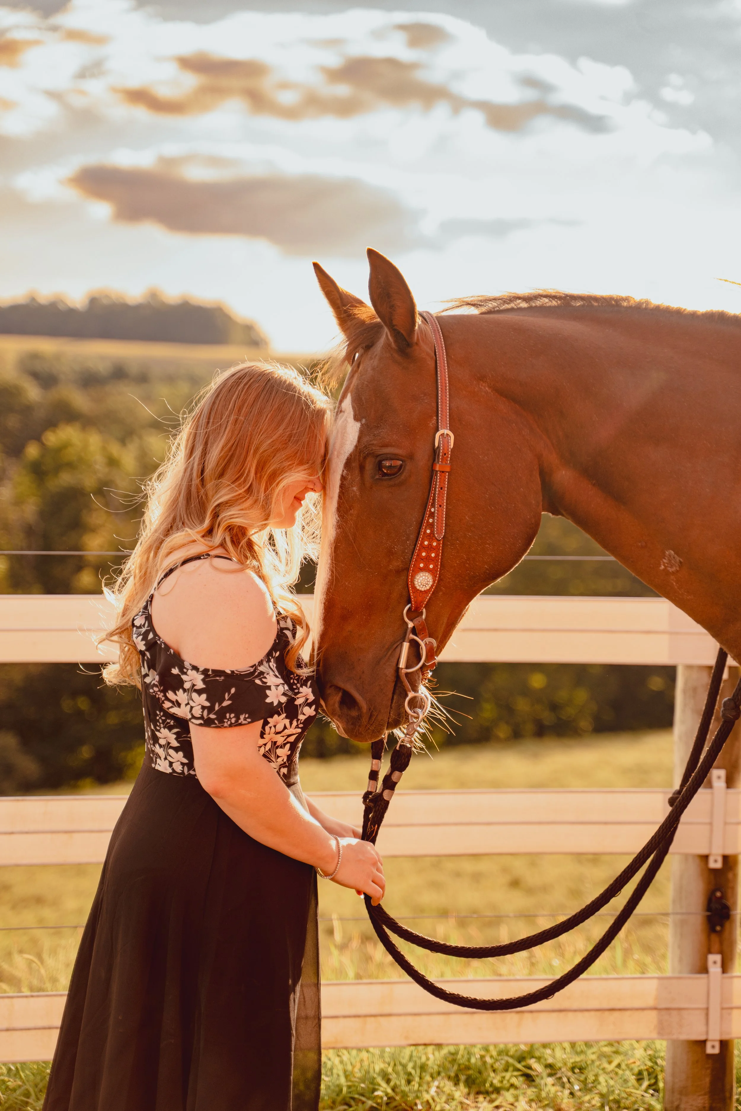 A woman with long, wavy blonde hair wears a black floral dress and is holding the reins of a brown horse. They touch foreheads in a peaceful moment outdoors, with a wooden fence and green landscape in the background during sunset.