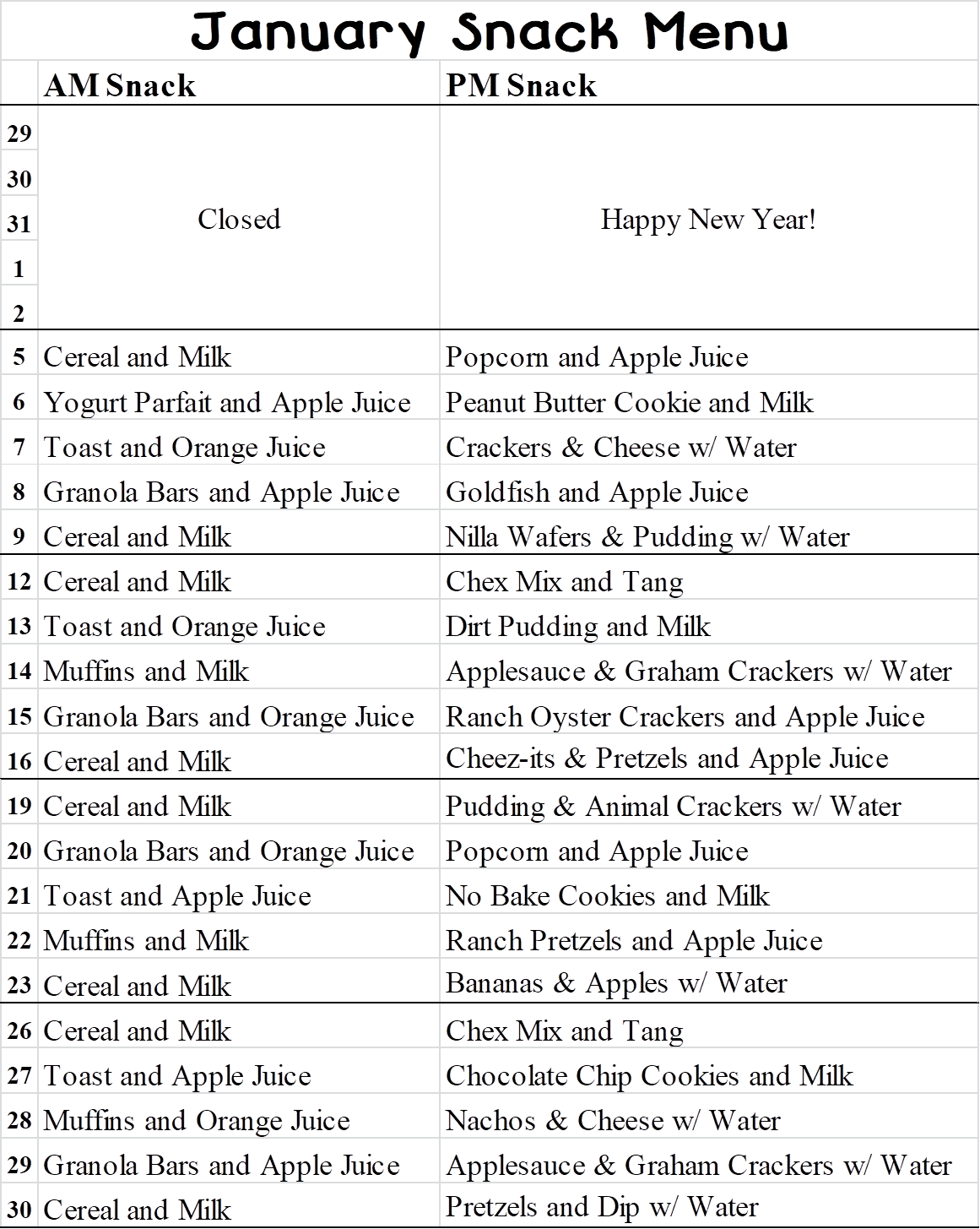January Snack Menu with a list of snacks for AM and PM, including cereals, milk, fruit, crackers, cookies, and juice, with some items associated with special occasions like New Year and Halloween.