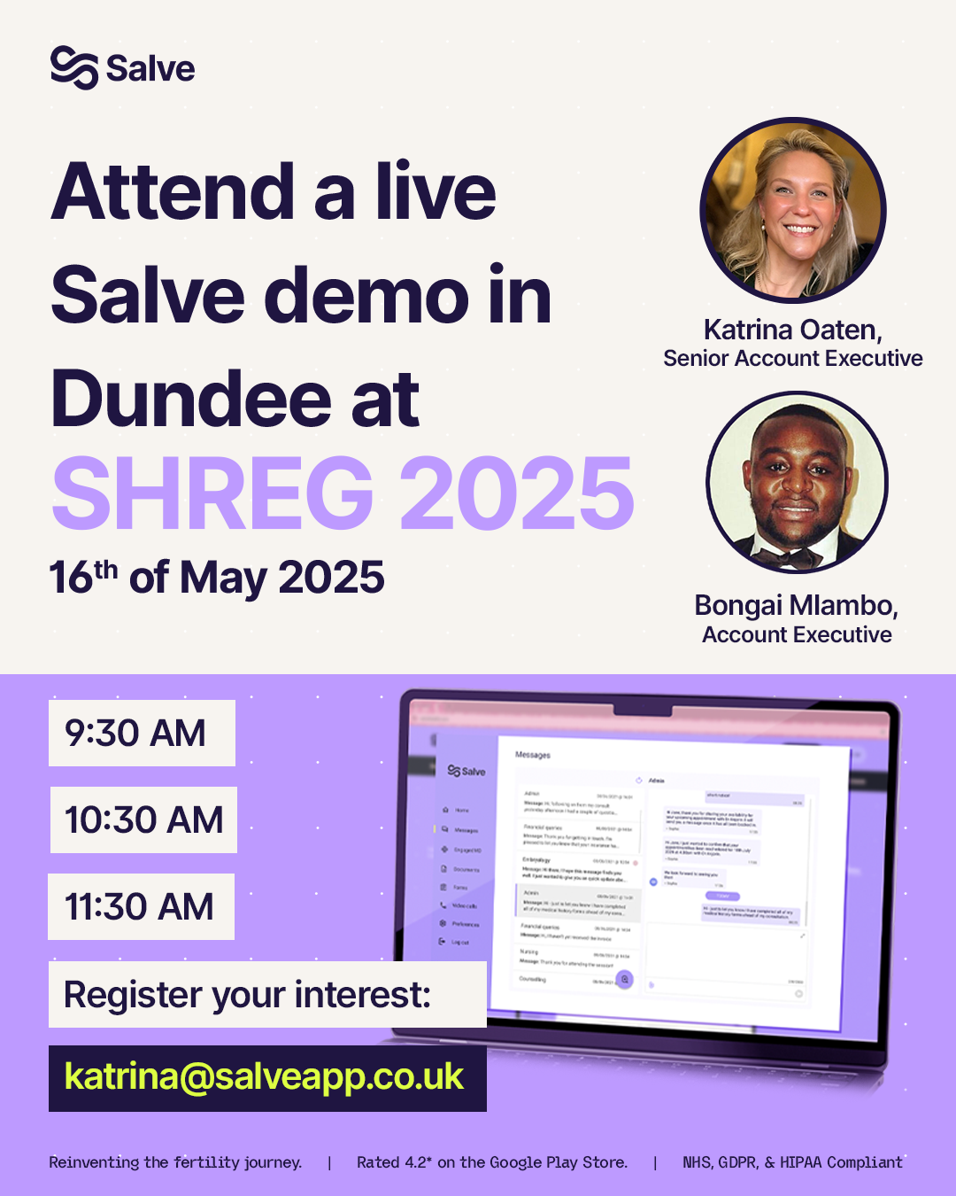 Poster advertising a live Salve demo event at SHREG 2025 in Dundee on May 16, 2025. Features photos of Katrina Oaten, Senior Account Executive, and Bongai Mambo, Account Executive, along with event timings at 9:30, 10:30, and 11:30 AM. Includes email
