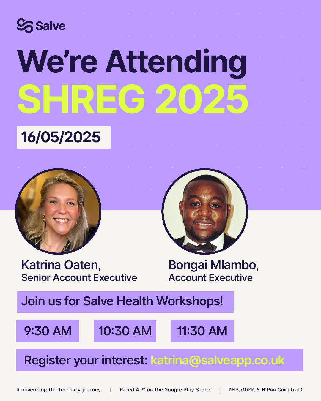 A promotional flyer for Salve announcing attendance at SHREG 2025 on May 16, 2025, featuring photos of Katrina Oaten, Senior Account Executive, and Bongai Mlambo, Account Executive, with event times at 9:30 AM, 10:30 AM, and 11:30 AM and registration