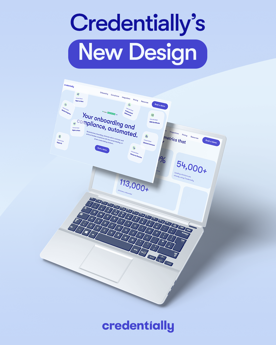 Promotional image for Credentially's new website design with a laptop showing business metrics and onboarding features.