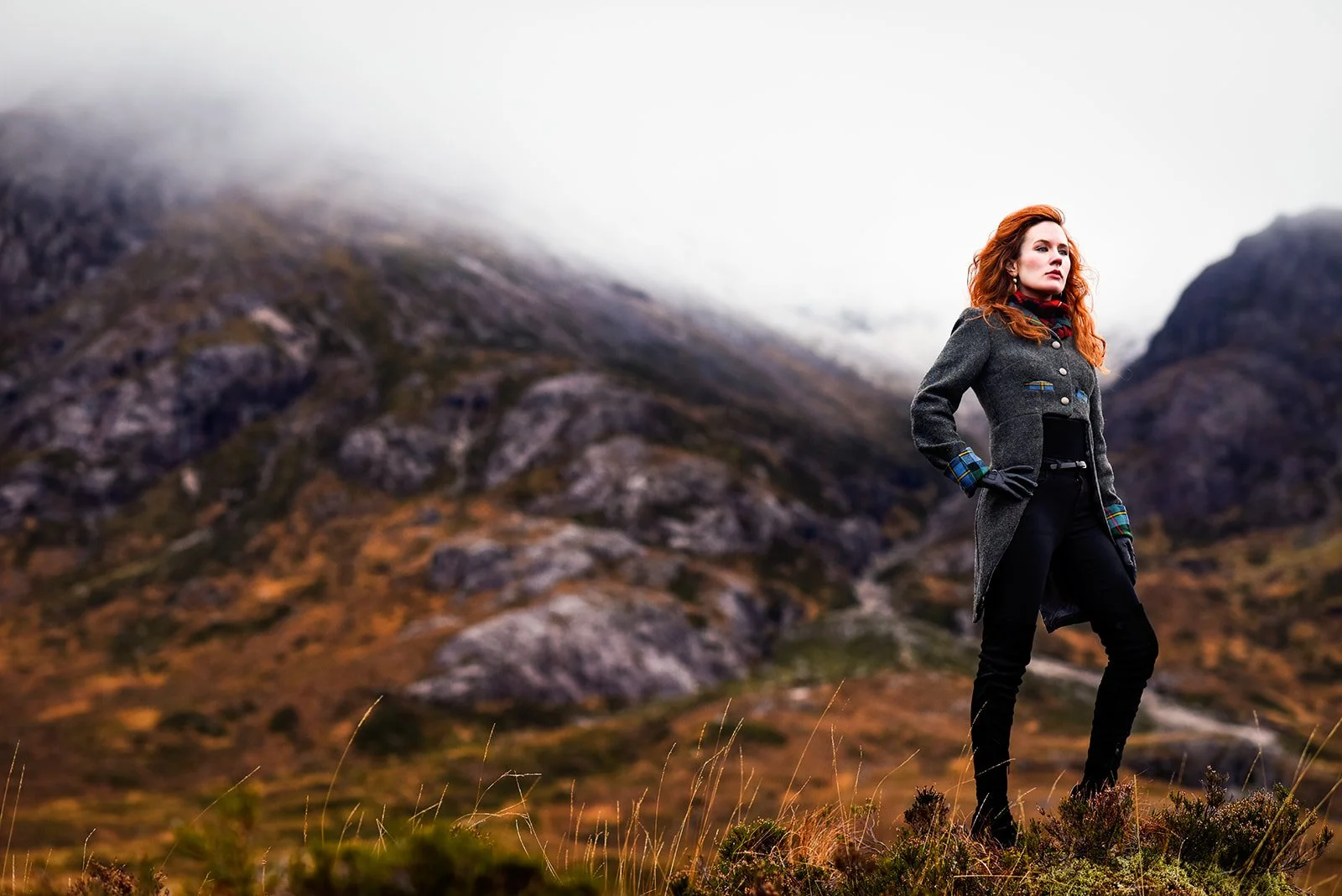 Francesca Flynn Modelling for Lorna Gillies Fashion 'The Highland Heroine' shoot at Glencoe, 2018. Photography by Gavin Macqueen