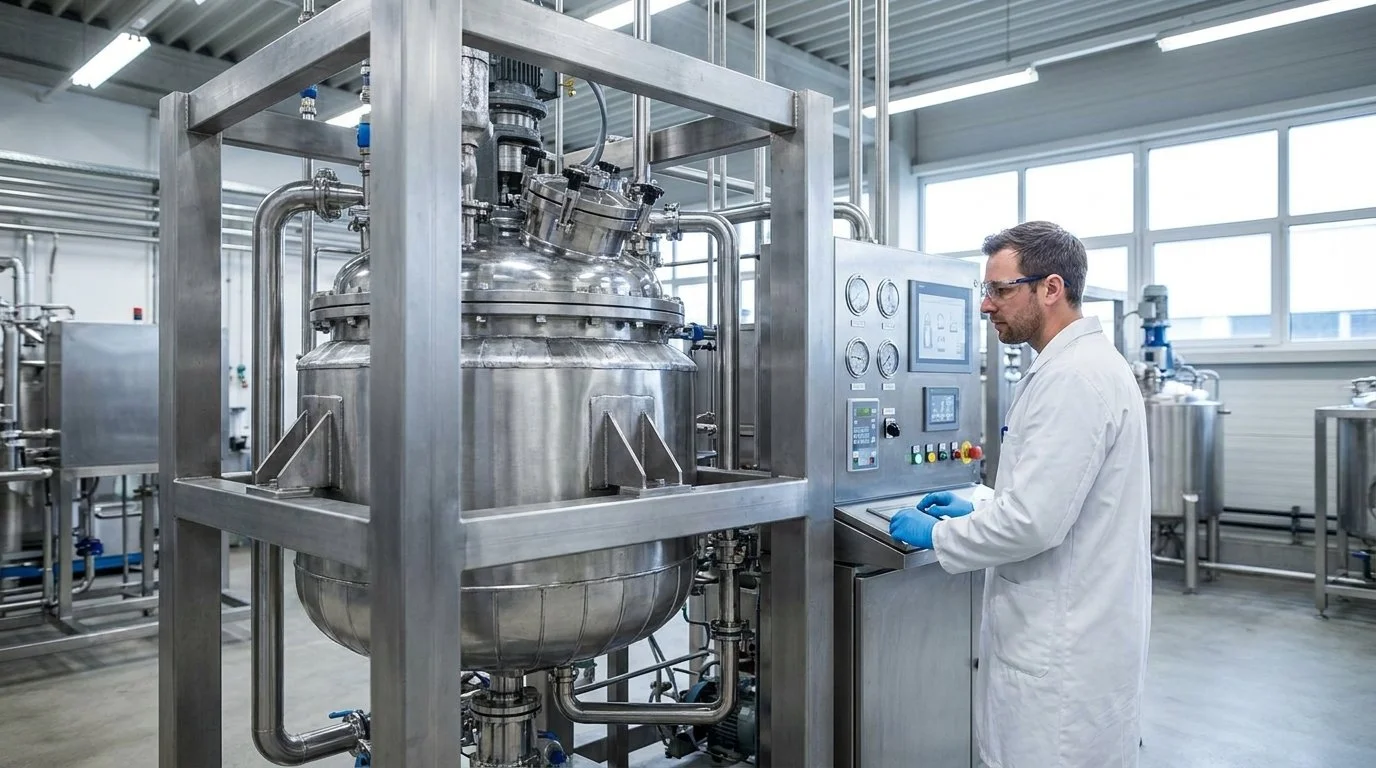 A scientist in a white lab coat and safety goggles working with industrial equipment in a laboratory. The equipment includes a large stainless-steel vessel connected to gauges and control panels. The laboratory is bright with large windows, metal tables, and other equipment visible.