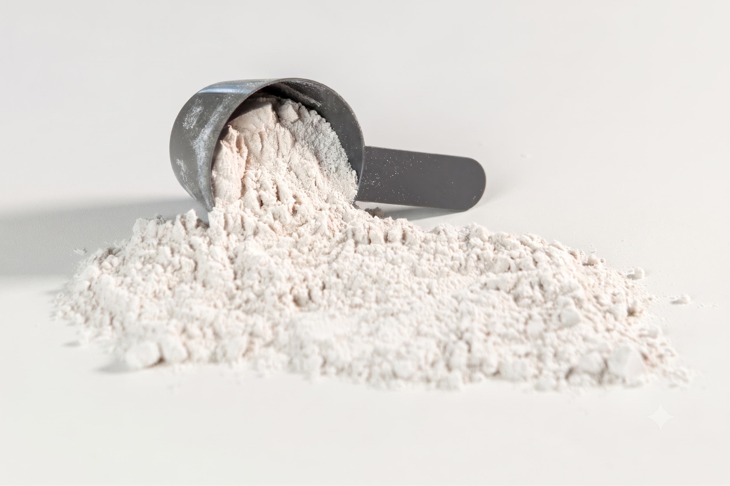A metal scoop filled with white powder resting on a white surface with powder spilled around it.