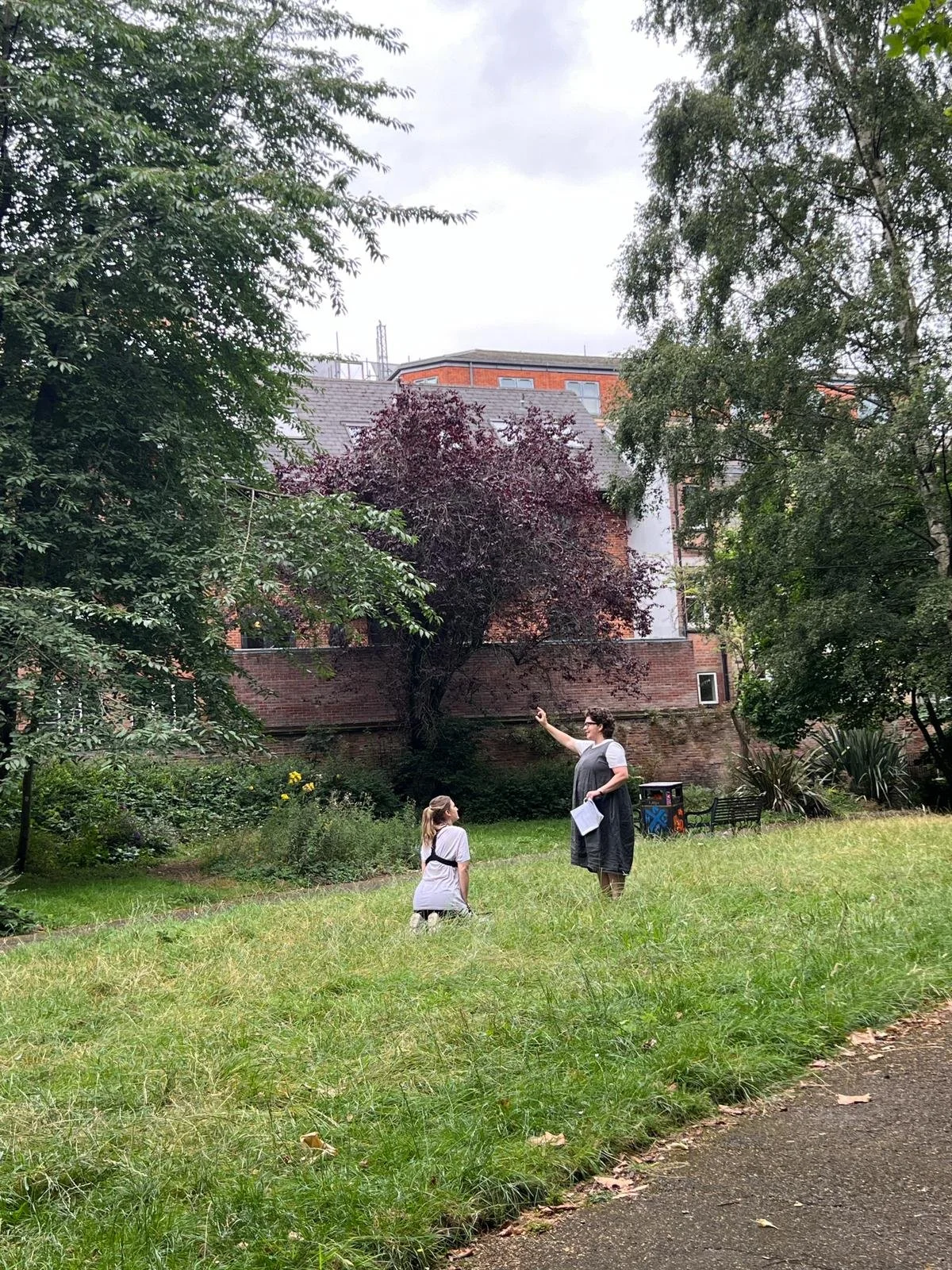 Two people are in a grassy park area. One person is standing and pointing up to the cloudy sky, while the other is kneeling. Trees and a brick building are in the background, and the sky is overcast.