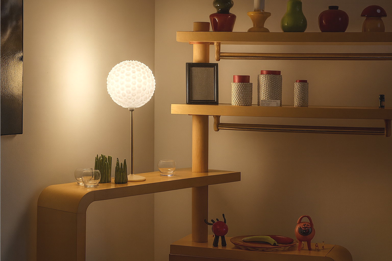 a table lamp named Lara ,A wooden shelf unit with decorative items, including colorful vases, small framed artwork, ceramic containers, and toy decorations, illuminated by a spherical table lamp with a textured surface in a softly lit room.