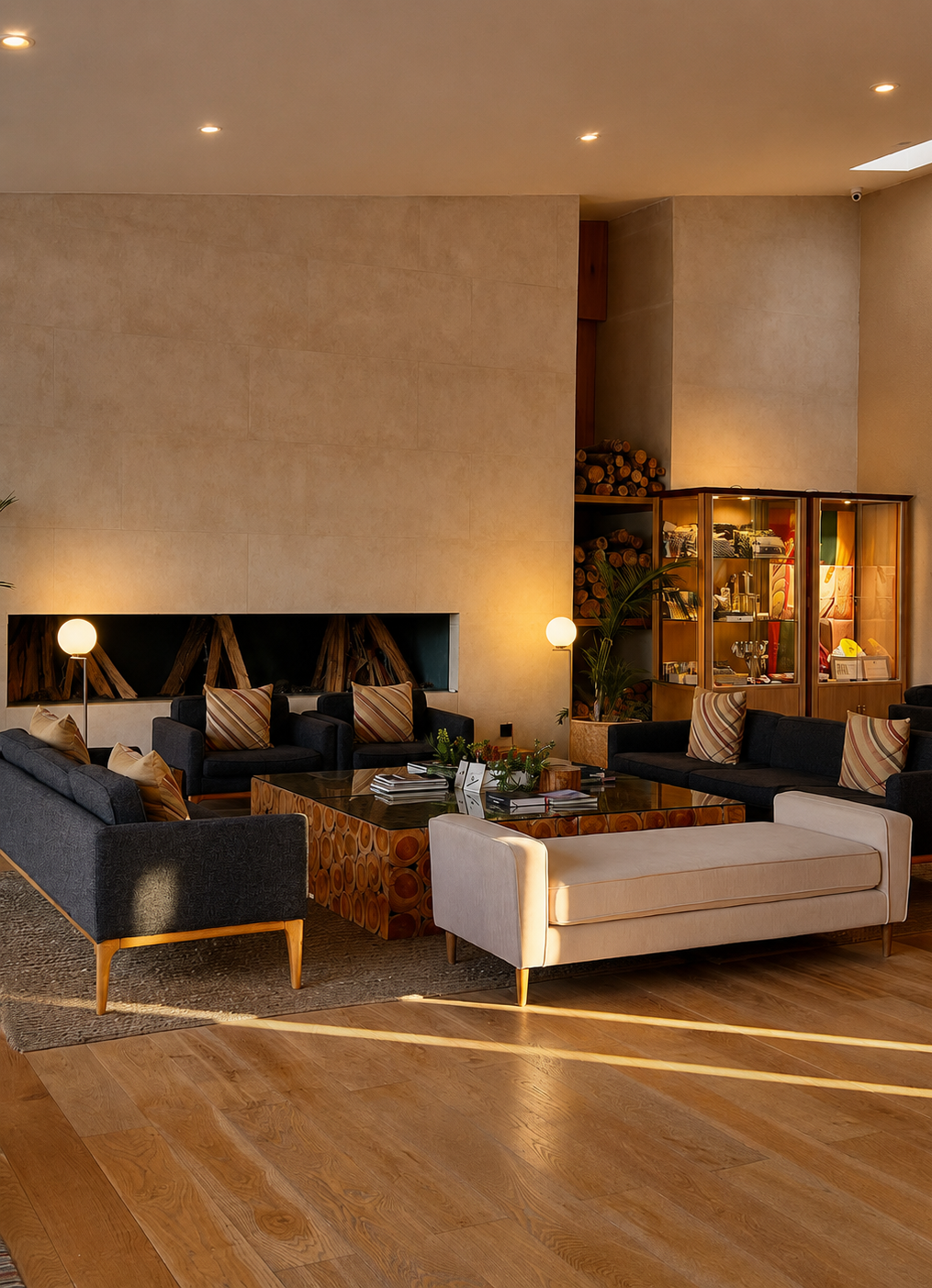 A modern hotel lobby with black and beige sofas, a wooden coffee table, floor lamps, and a display cabinet with colorful items. The room has wooden floors and warm lighting.