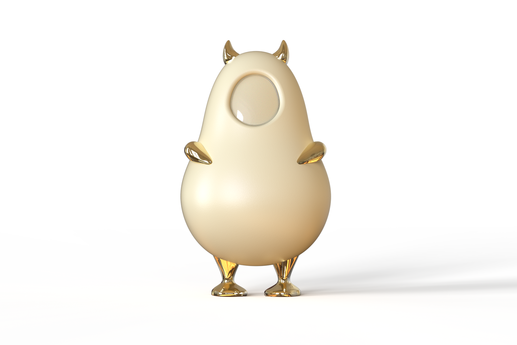 A cartoon-style creature with a rounded beige body, gold horns, arms, hands, feet, and an oval-shaped face with a reflective surface, standing on a white background.