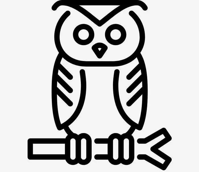 Black outline drawing of an owl sitting on a branch.