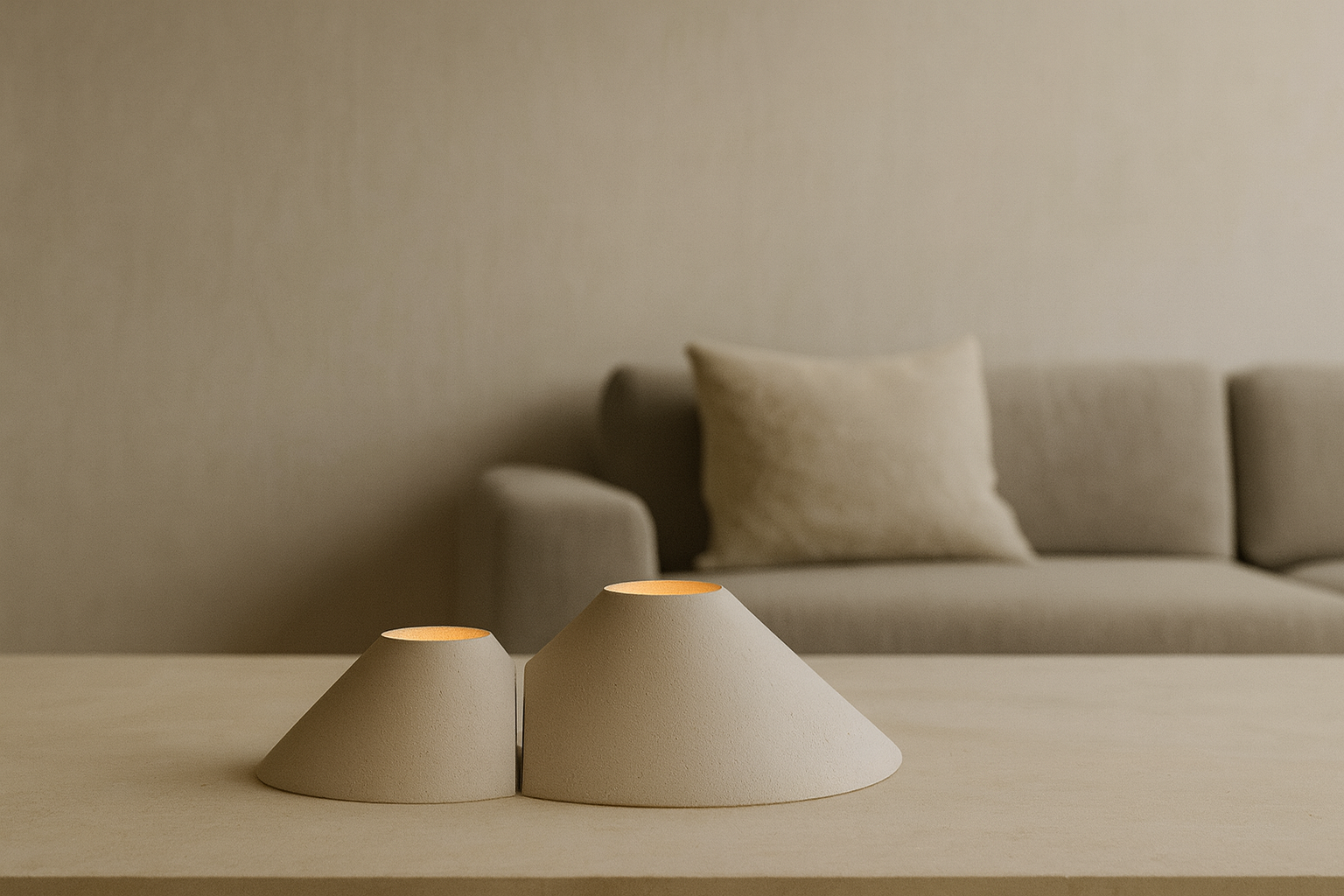 Minimalist beige living room with two custom-made candleholders on a wooden table, beige sofa, and a pillow in the background.