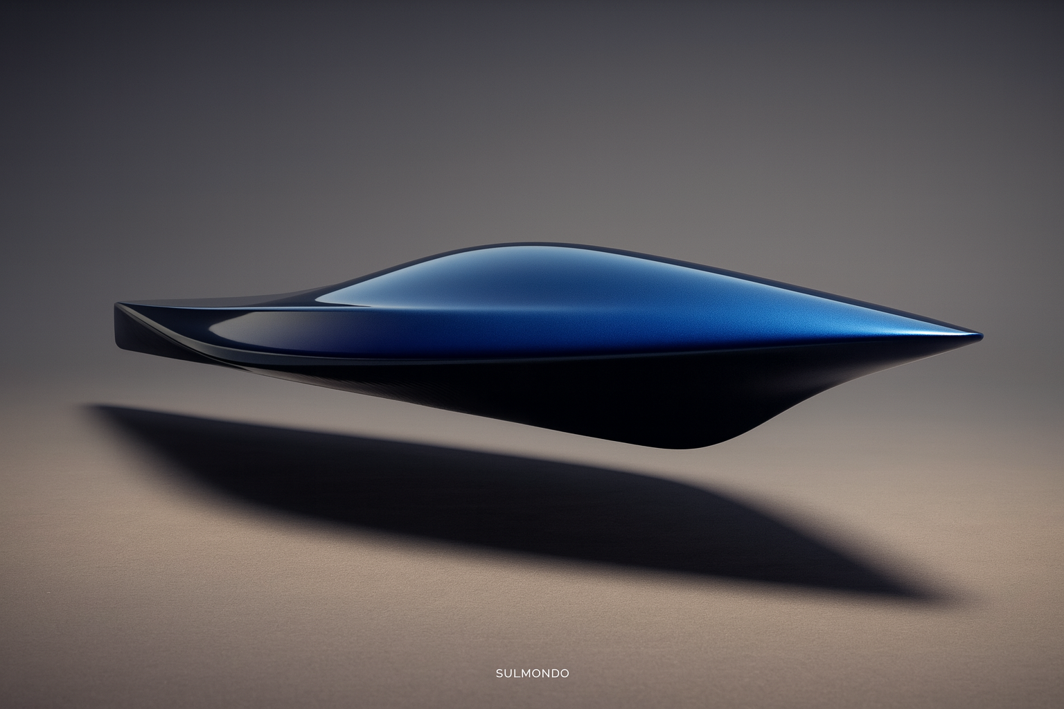 A Surfboard, futuristic blue and black car with a minimalist design, casting a shadow on a neutral surface.