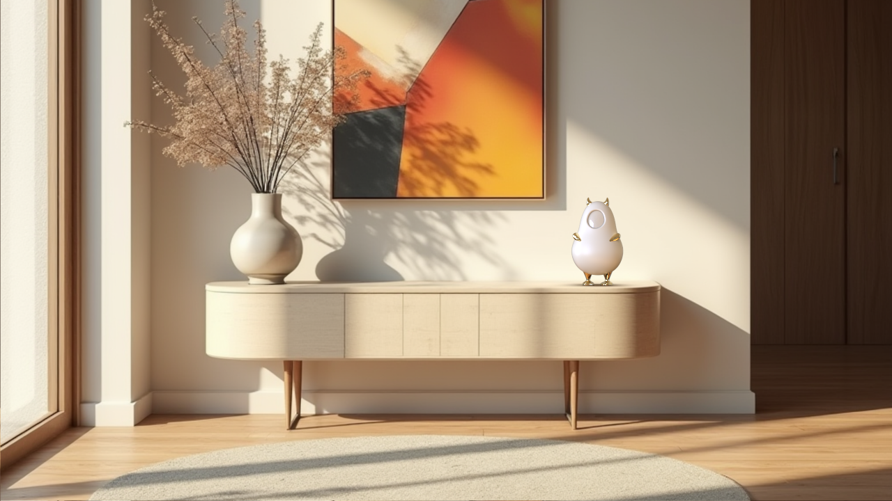 A modern interior hallway with sunlight casting shadows. There is a white console table with a beige vase containing dried pink flower branches and a cute animal-shaped lamp. An abstract painting with orange, yellow, and black shapes hangs on the wal