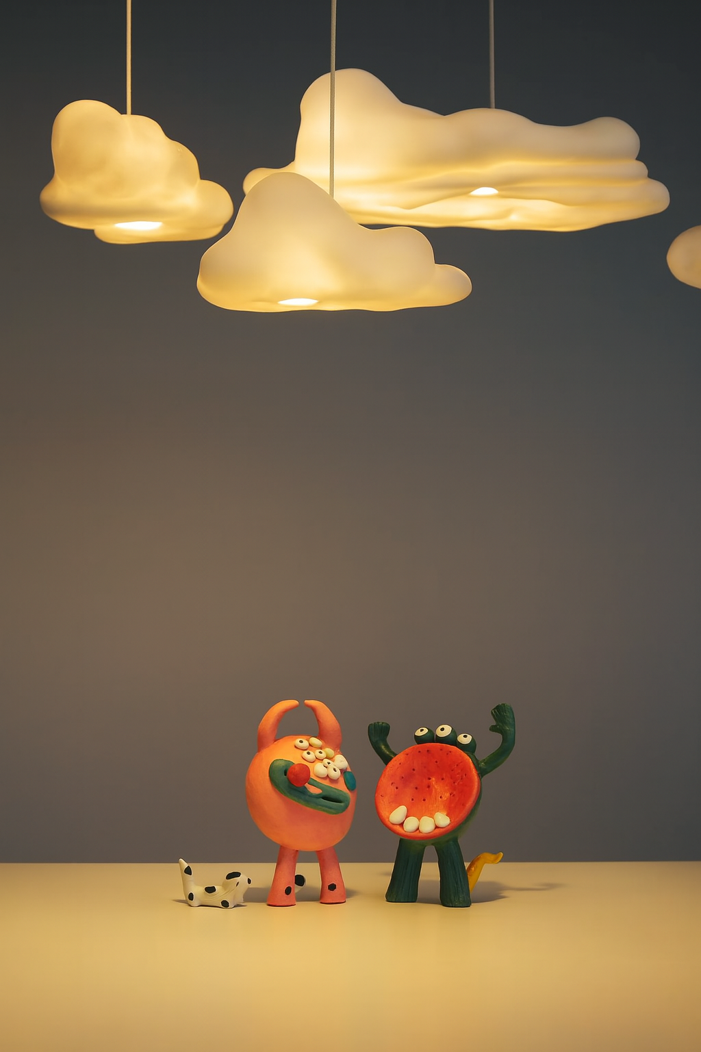 Two colorful cartoon-like toy creatures on a table with a small cow figure, illuminated by cloud-shaped ceiling lights.