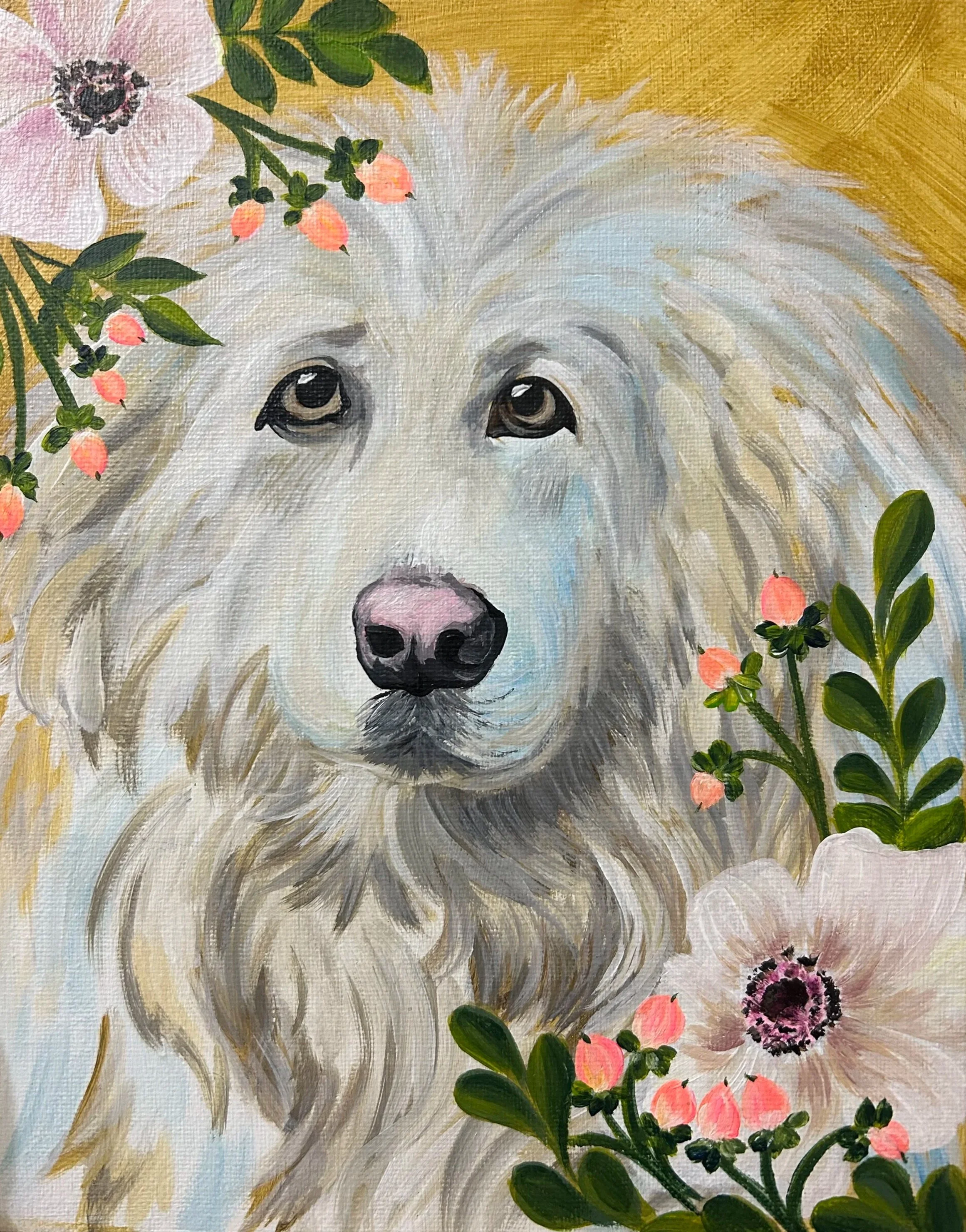 Painting of a white dog with fluffy fur, surrounded by pink and purple flowers and green foliage, with a golden background.