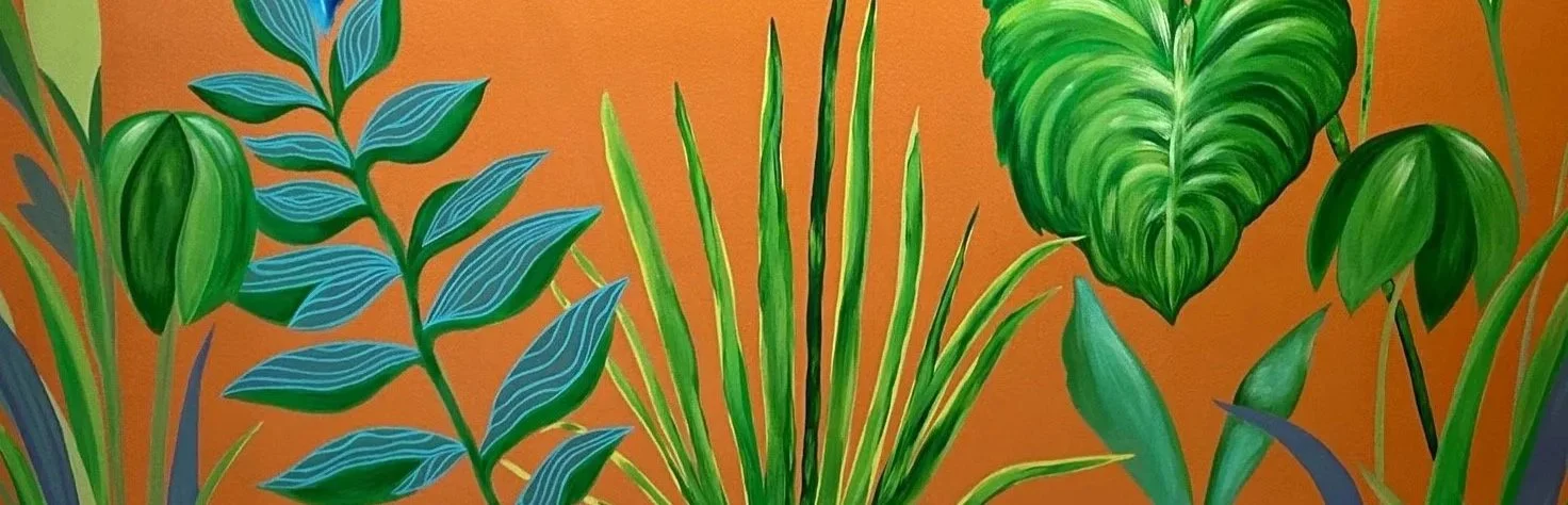 Illustration of various green houseplants with different leaf shapes and sizes against an orange background.