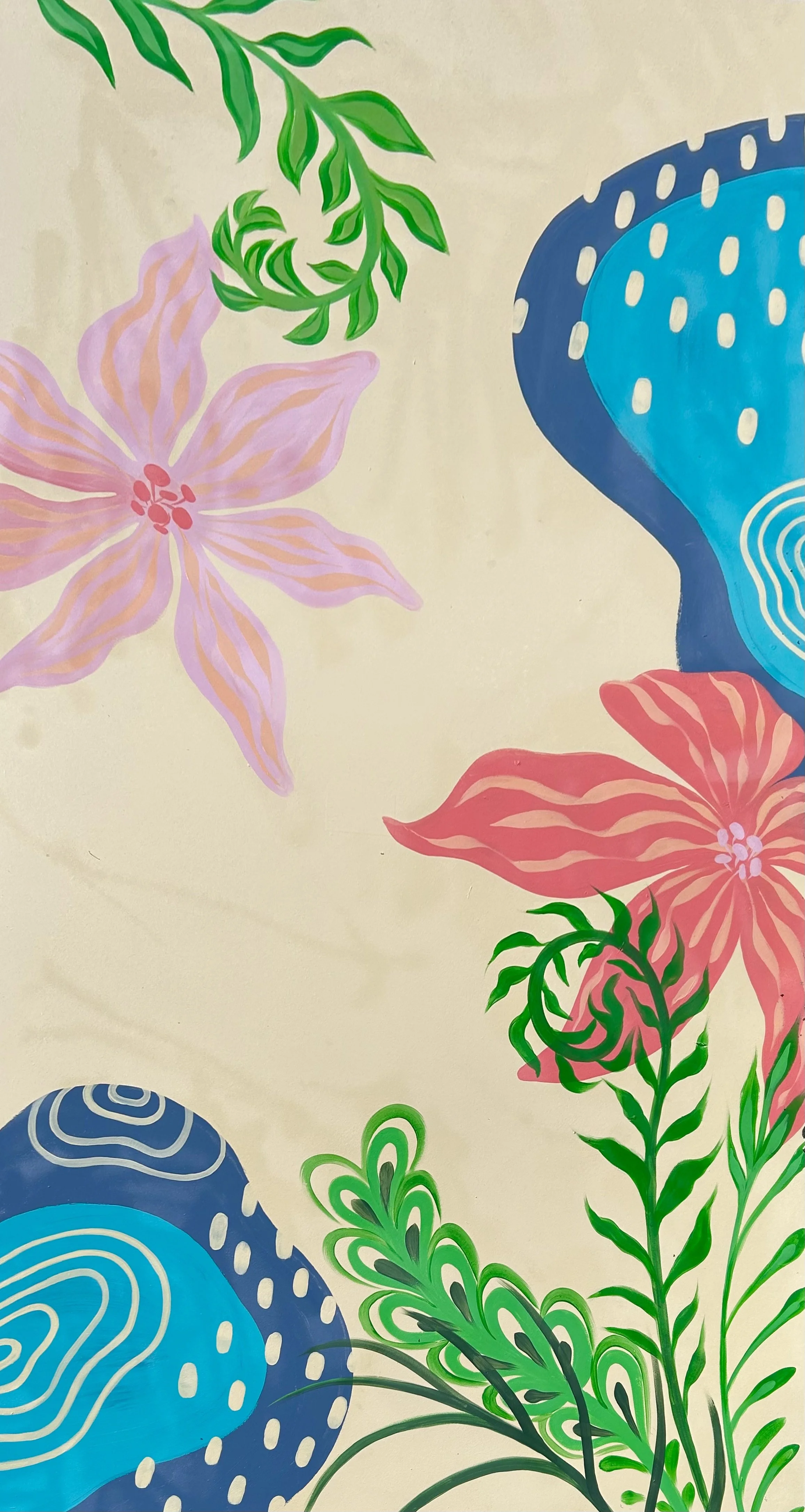 Colorful floral and abstract patterns with pink, red, green, and blue elements on a light background.