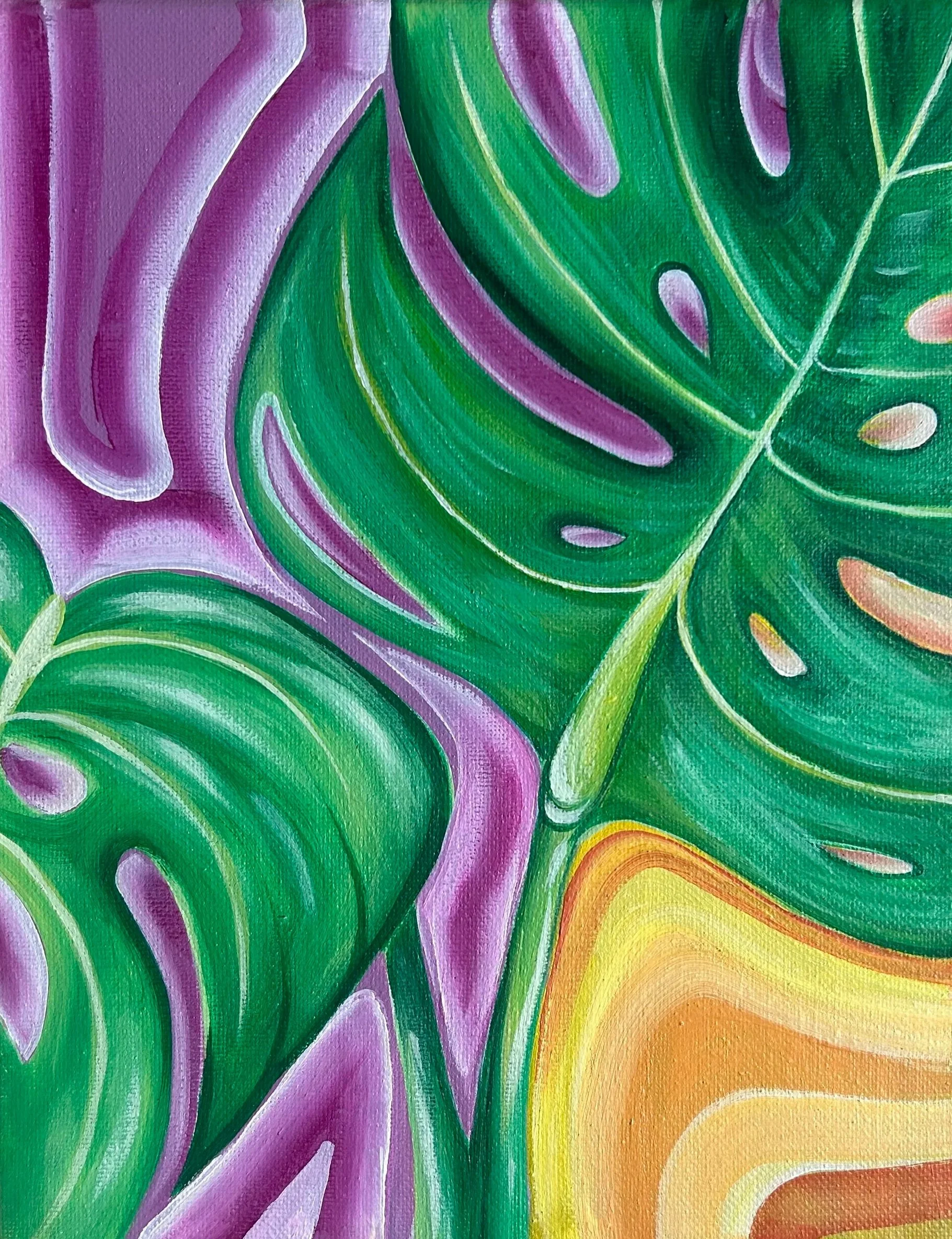 Colorful abstract leaf painting with swirling shapes and patterns in green, purple, yellow, orange, and pink.