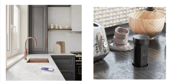 Integrated kitchen power solutions featuring wireless countertop charging and concealed pop-up electrical outlets.