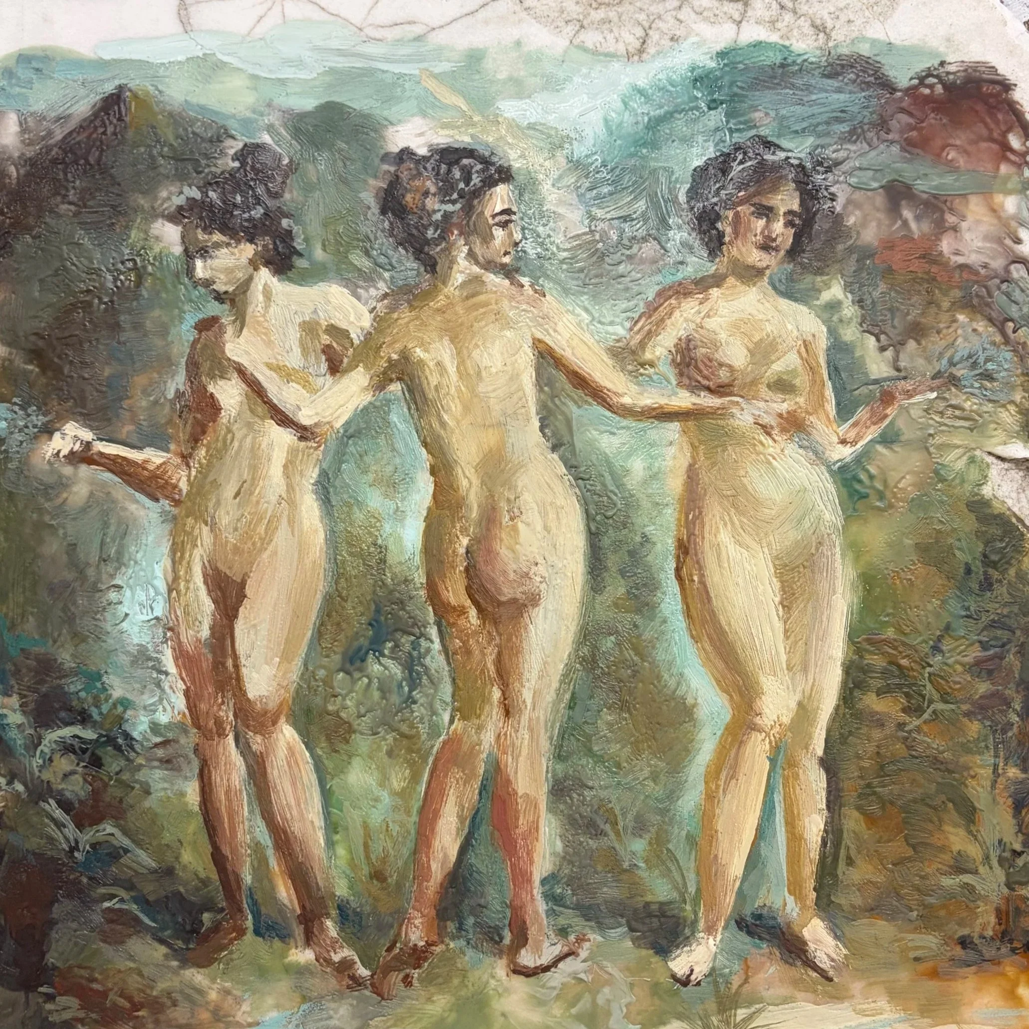 The Three Graces, encaustic on marble, 2026