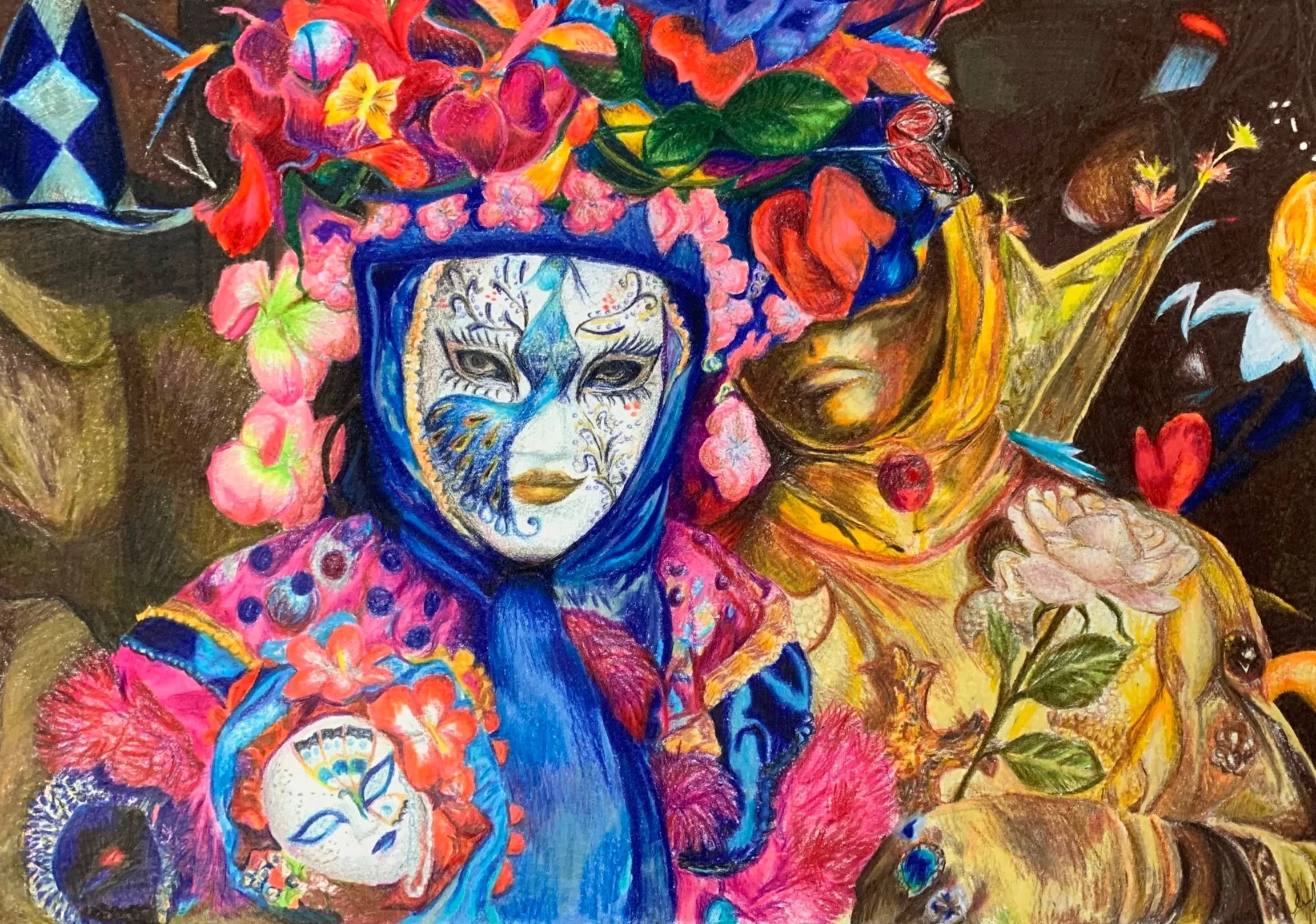 Masquerade, colored pencil on paper, 2021