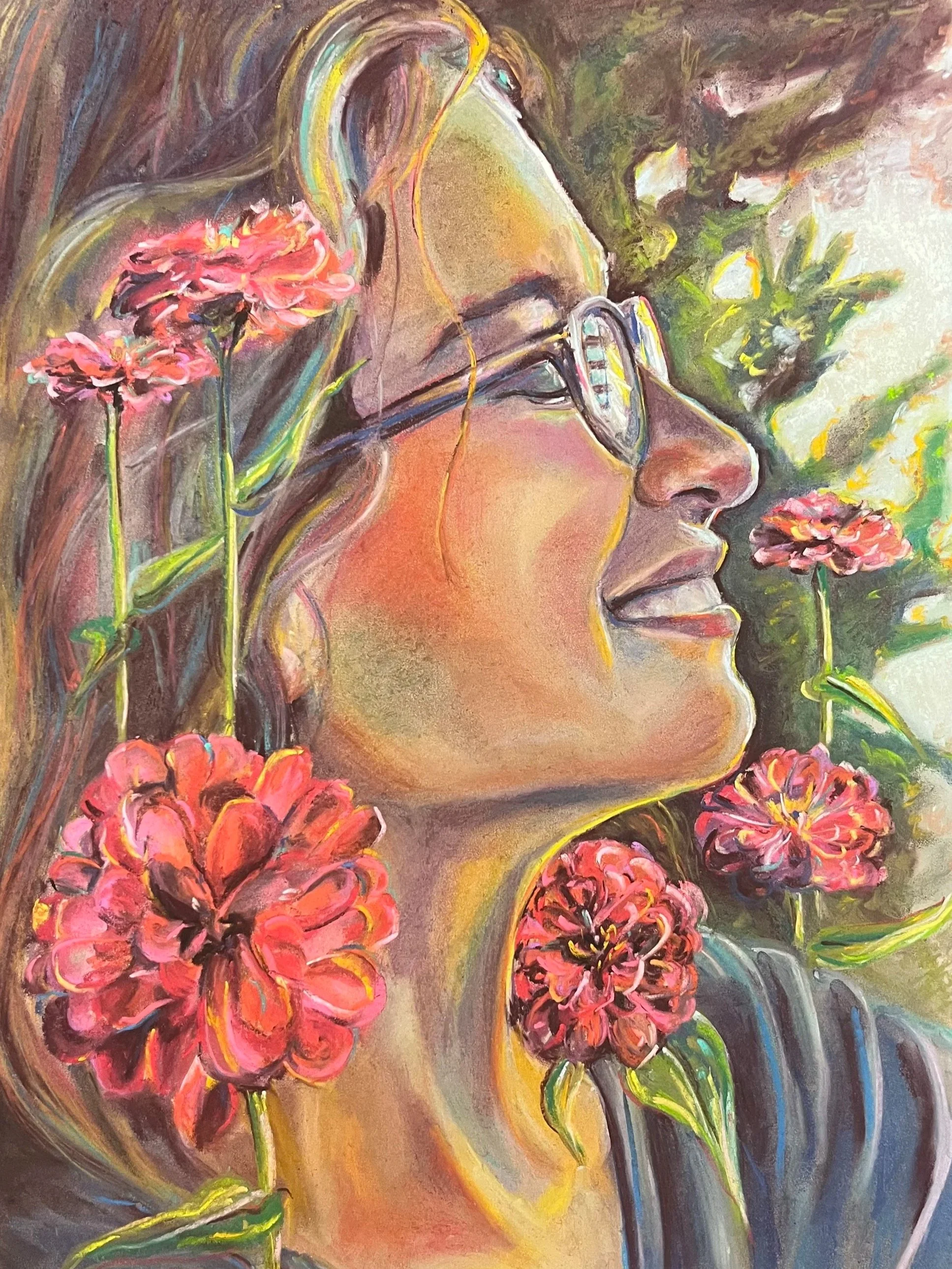 Self Portrait with Flowers, pastel on paper, 2024