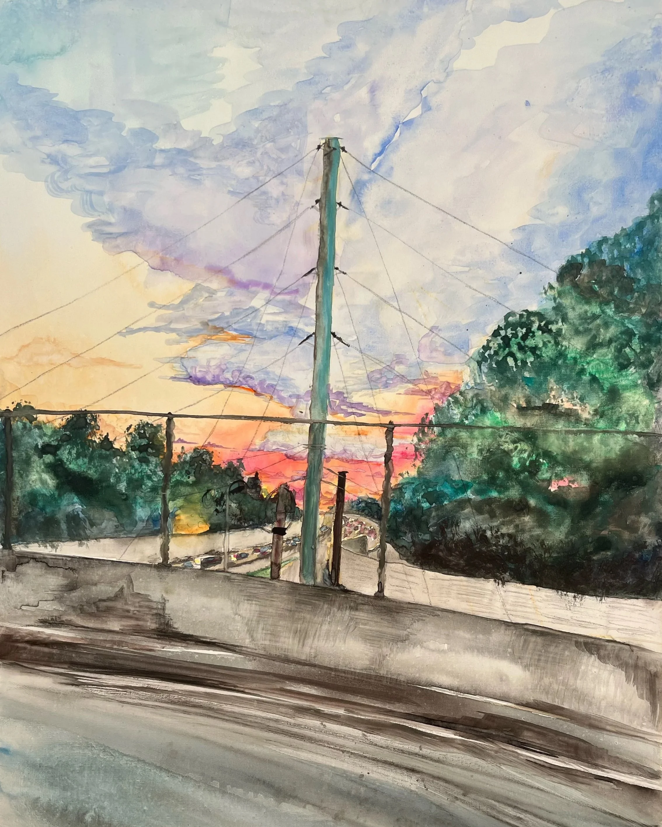 Essen Ln Overpass, watercolor on canvas, 2022