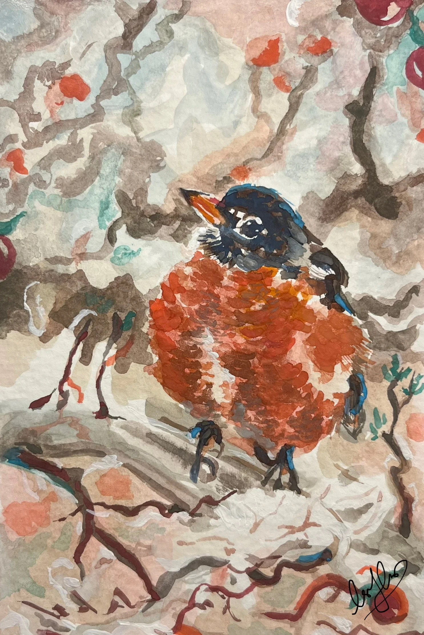 Christmas Bird, watercolor on paper, 2024