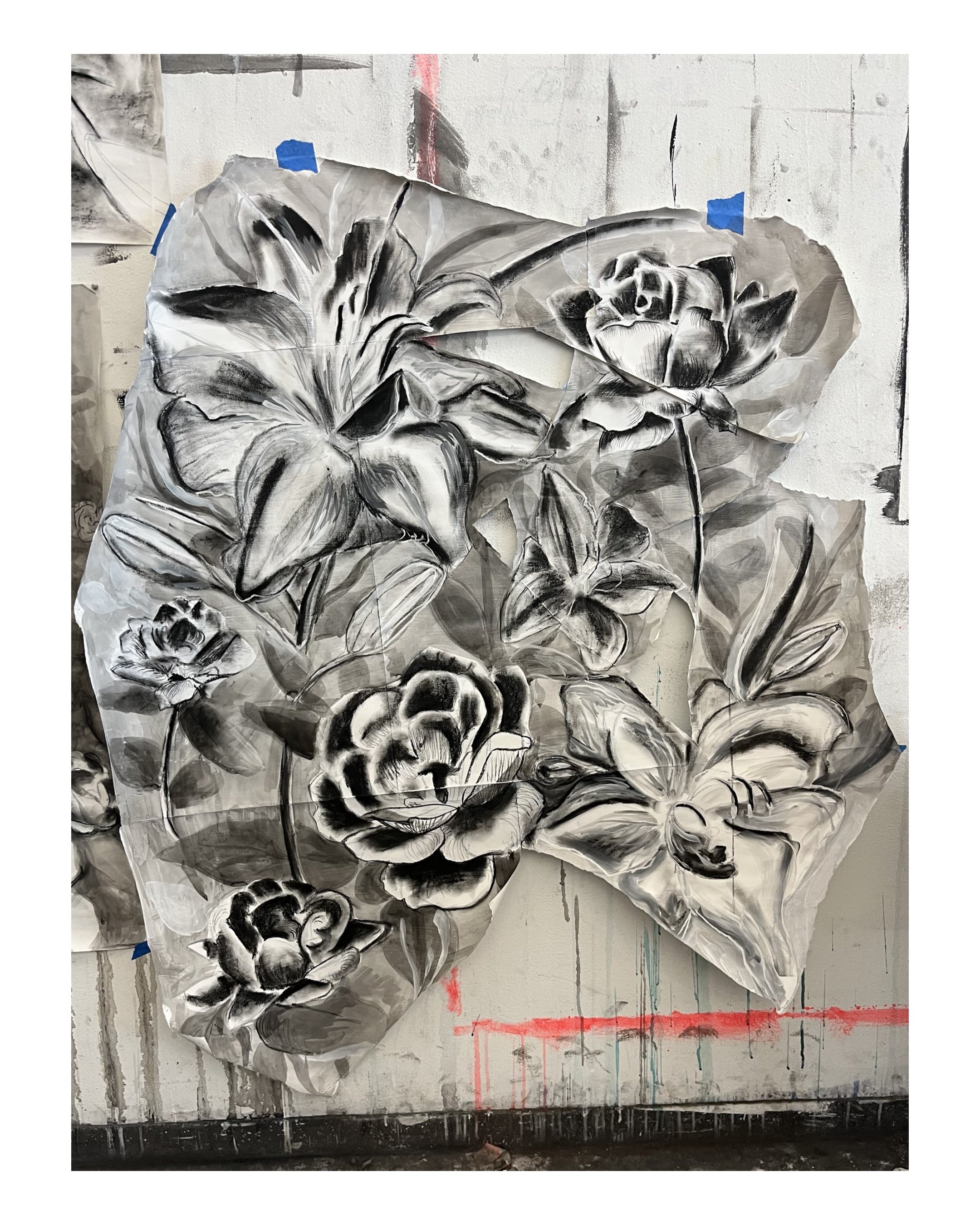 Pentimenti Flowers, charcoal, gesso and ink on paper, 2025