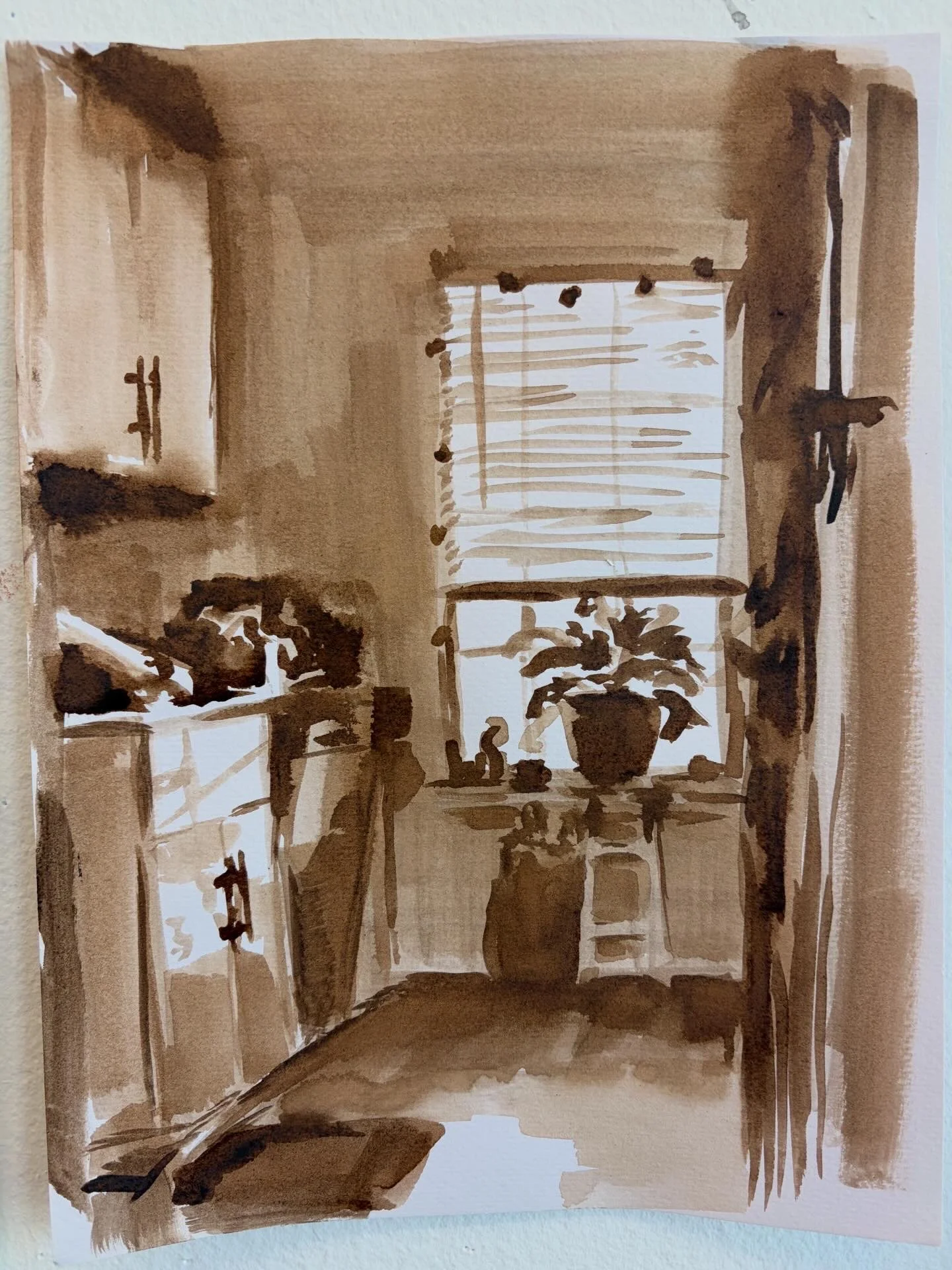 Riverbend Kitchen, walnut ink on paper, 2026