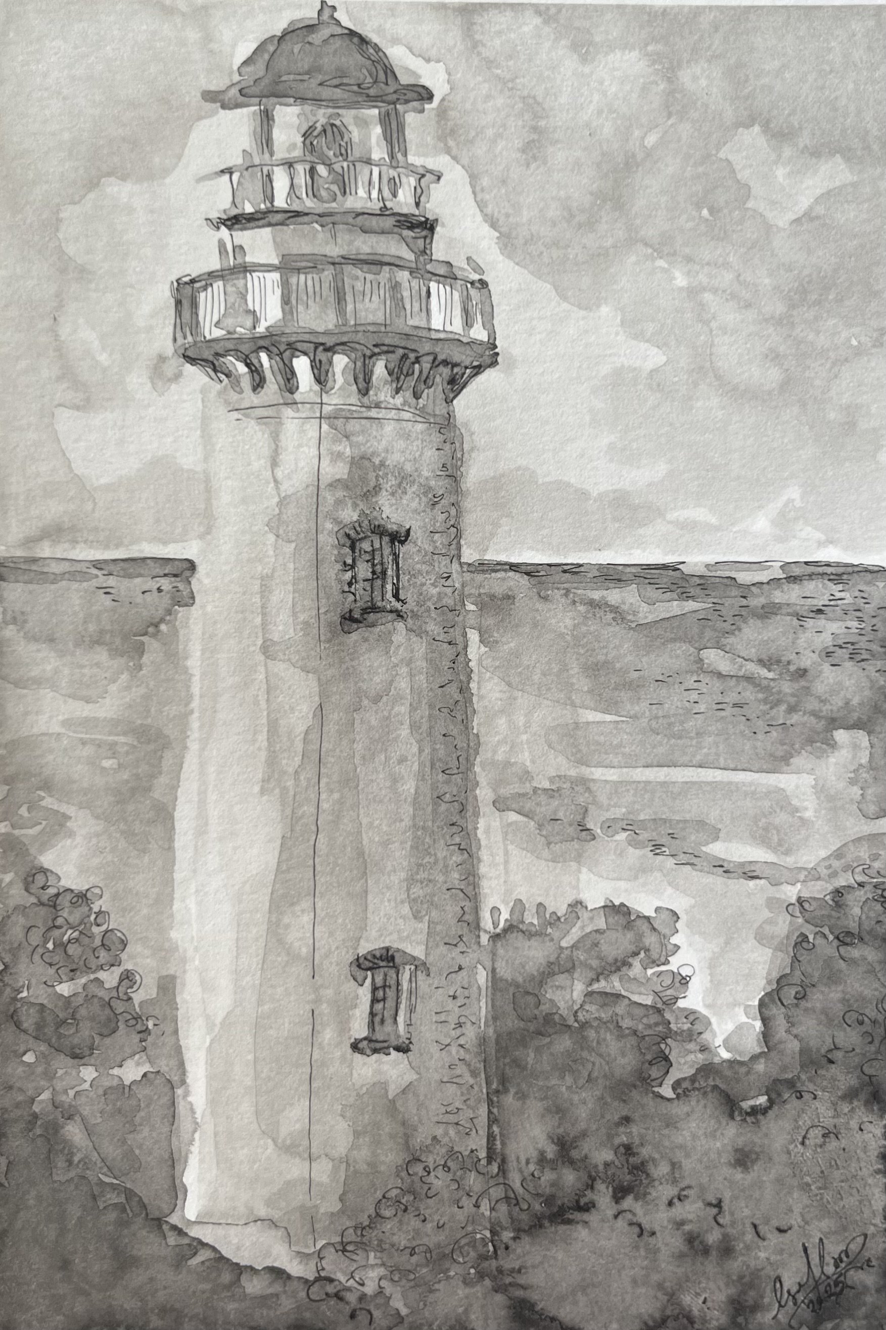 Lighthouse, ink on paper, 2025