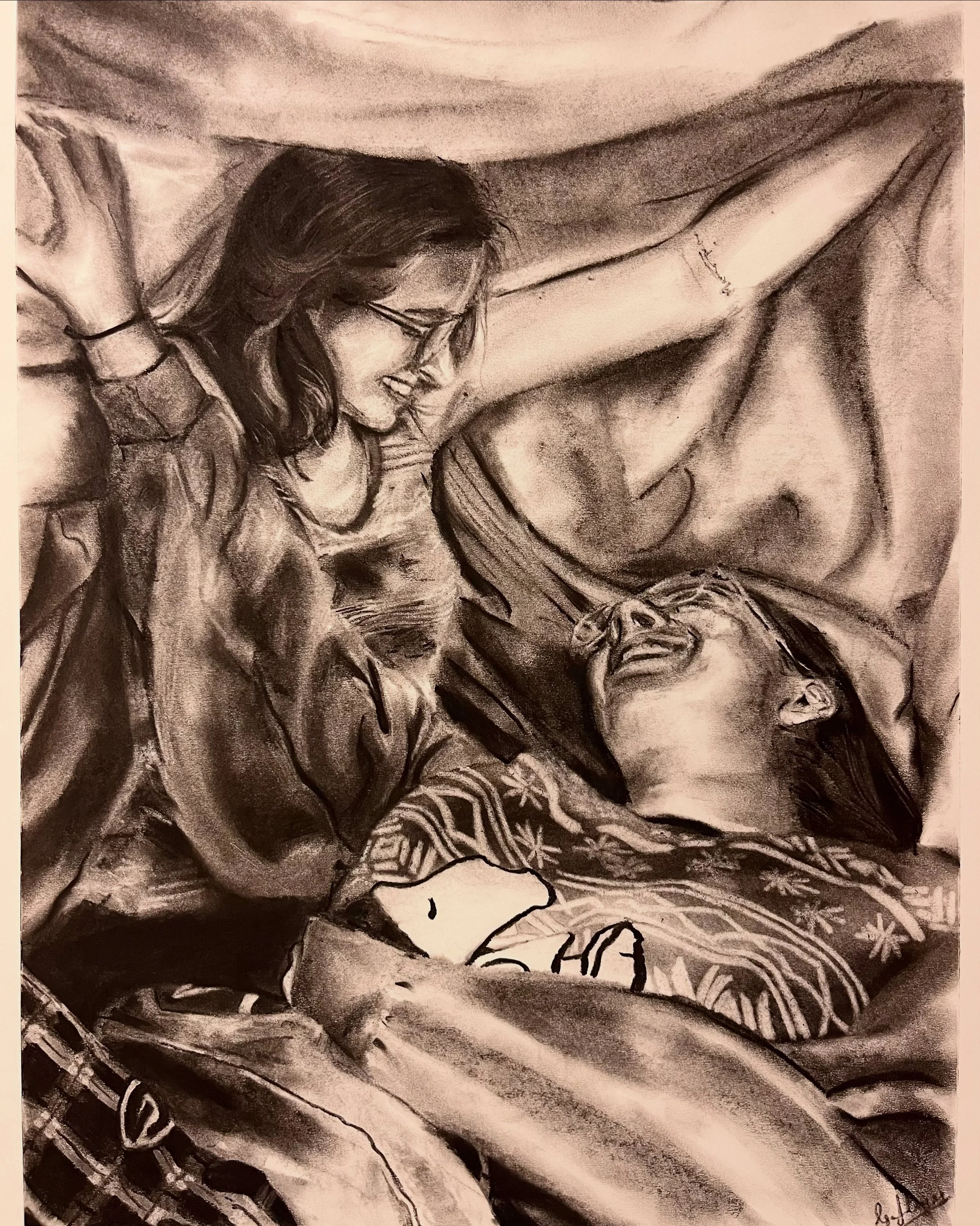 Pillow Fort, charcoal on paper, 2025