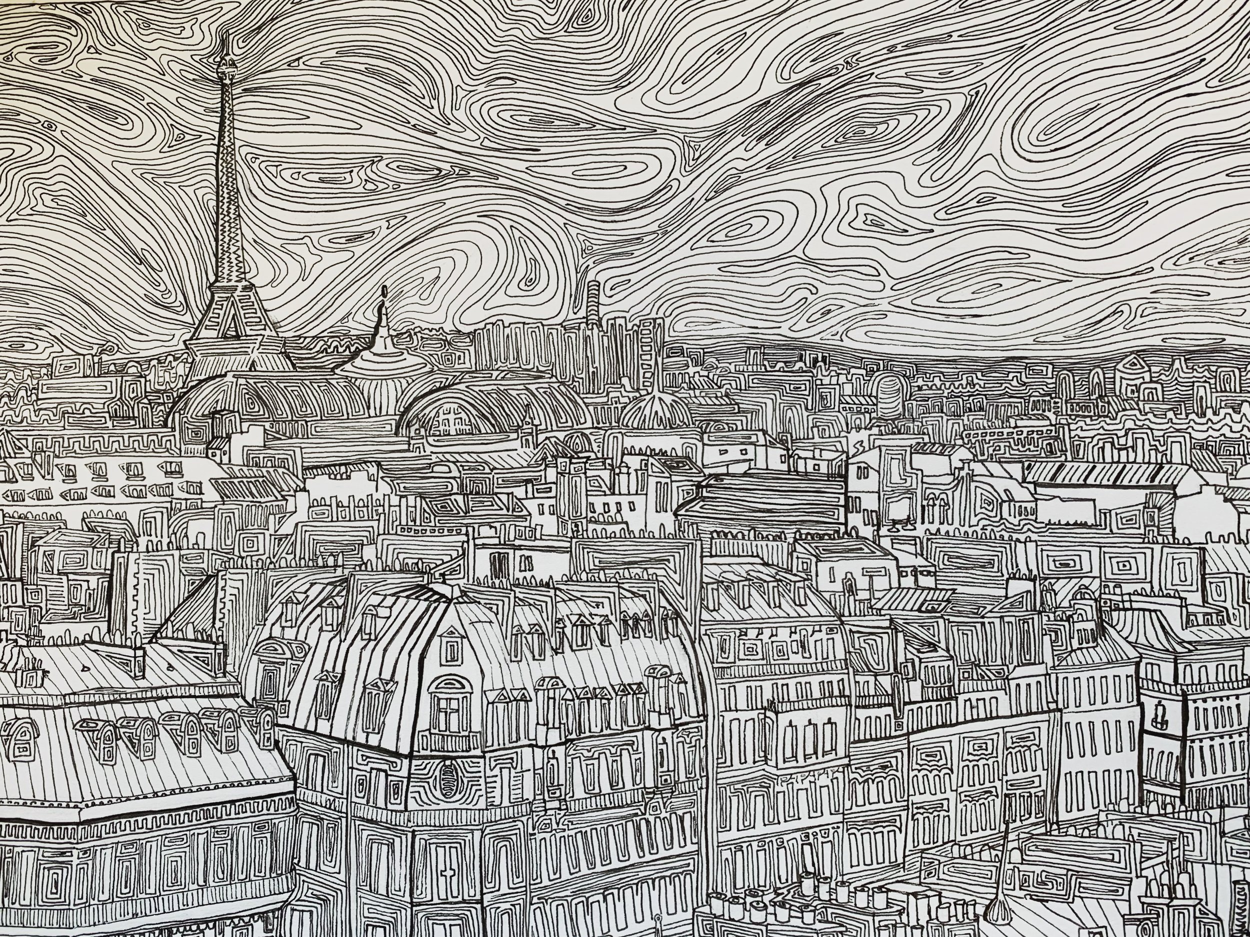 Paris Rooftops, ink on paper, 2021