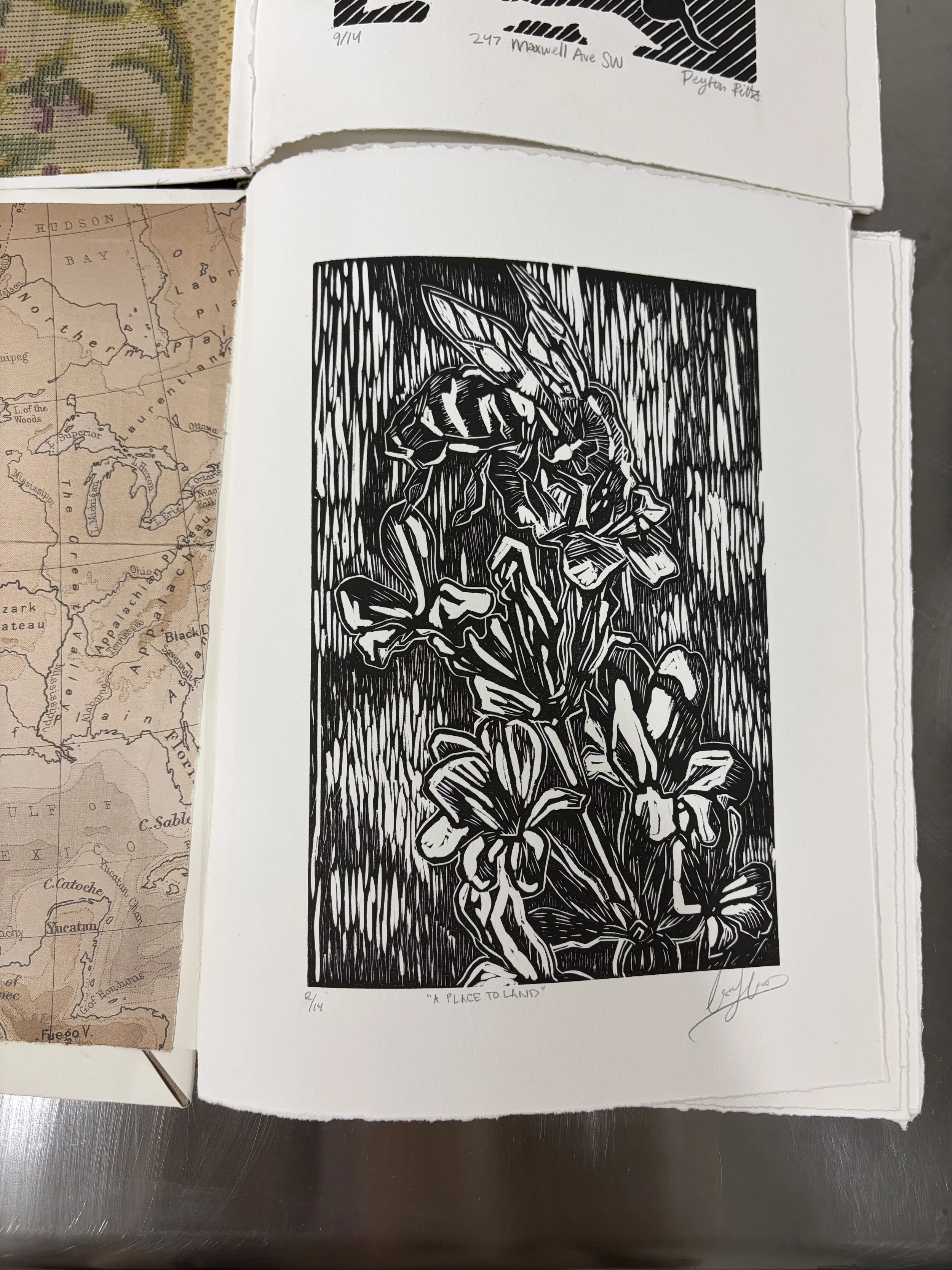 A Place to Land, linocut, 2026