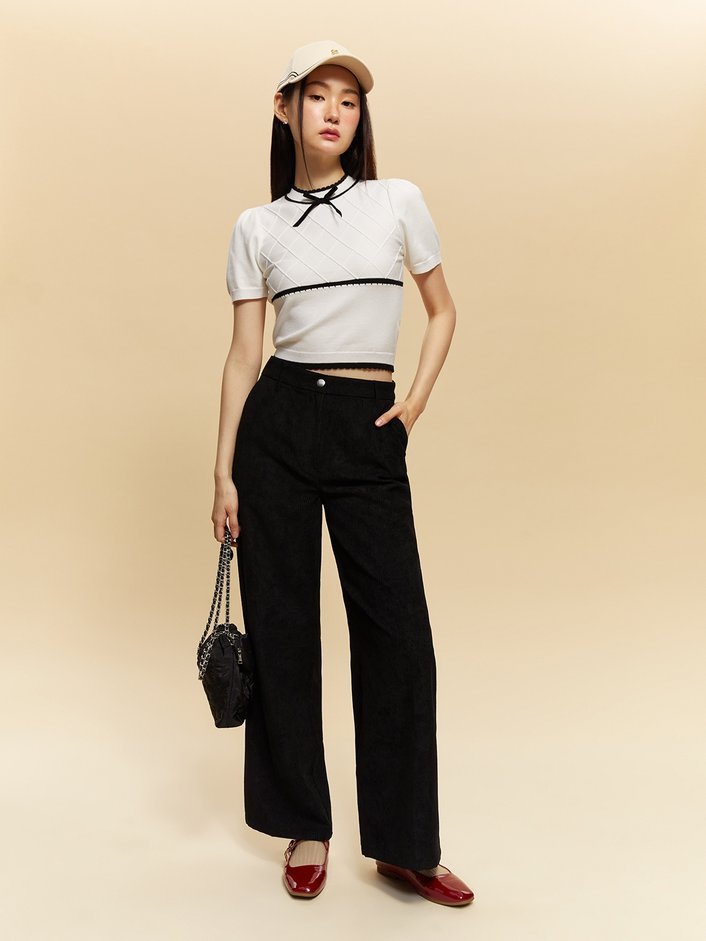 Bow Embroidered Pocket Detail Corduroy Pants.jpg