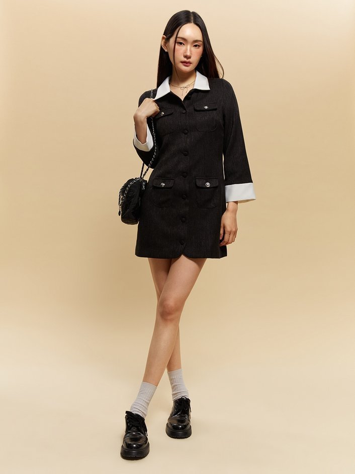 Contrast Trim Denim Shirt Midi Dress .jpg