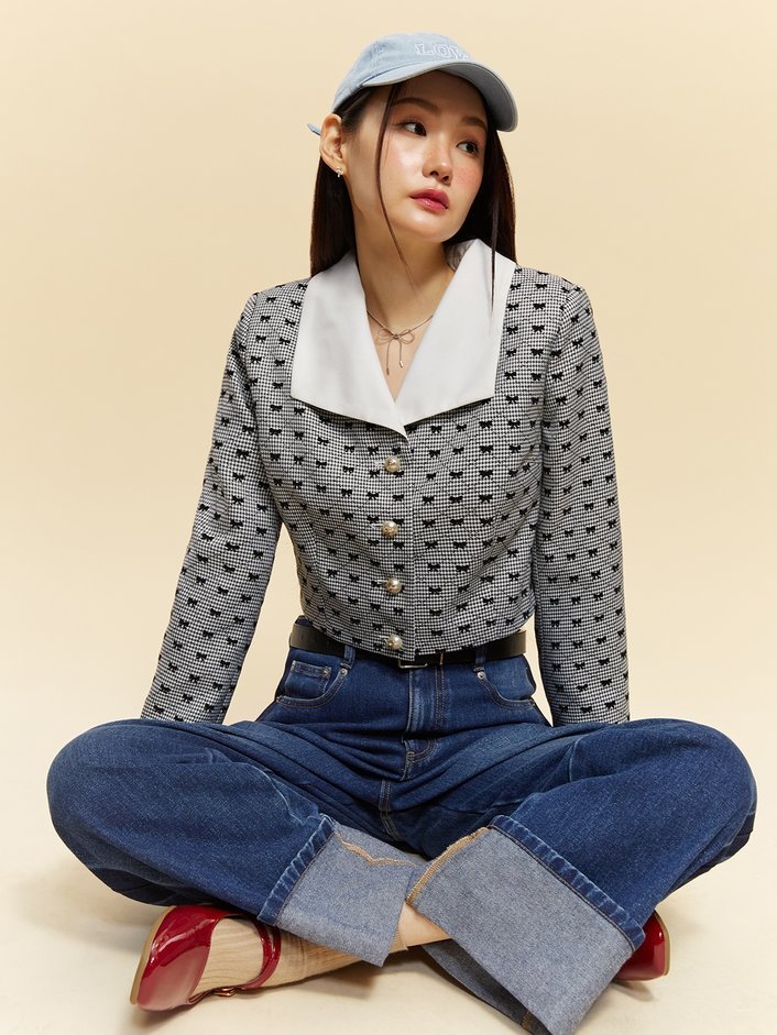 Bow Motif Embroidered Detail Houndstooth Printed Jacket.jpg