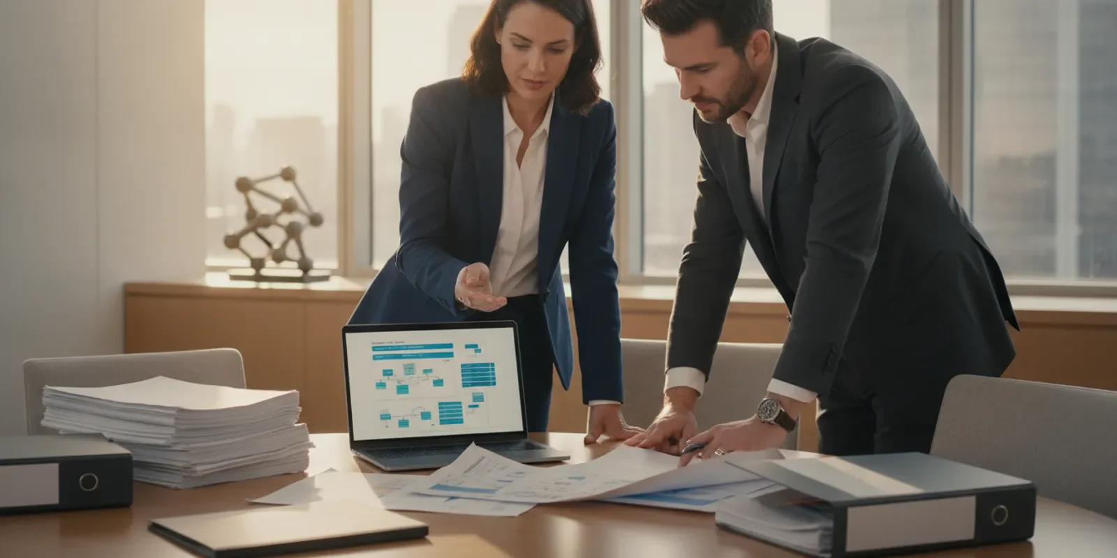 Executive reviewing technology and cybersecurity documents before a company acquisition