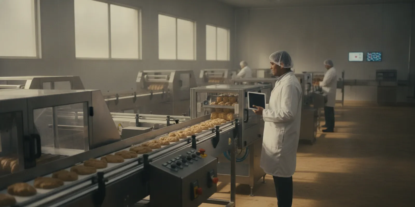 Food manufacturing facility with production line equipment and a manager reviewing operations