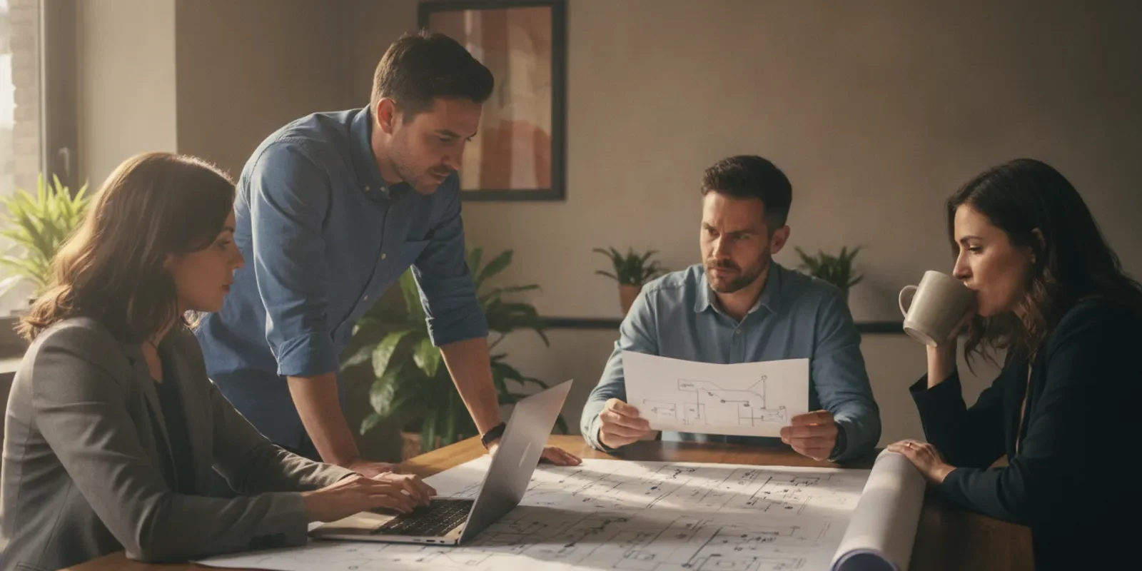 Technology leaders reviewing a cloud migration plan in a modern meeting room