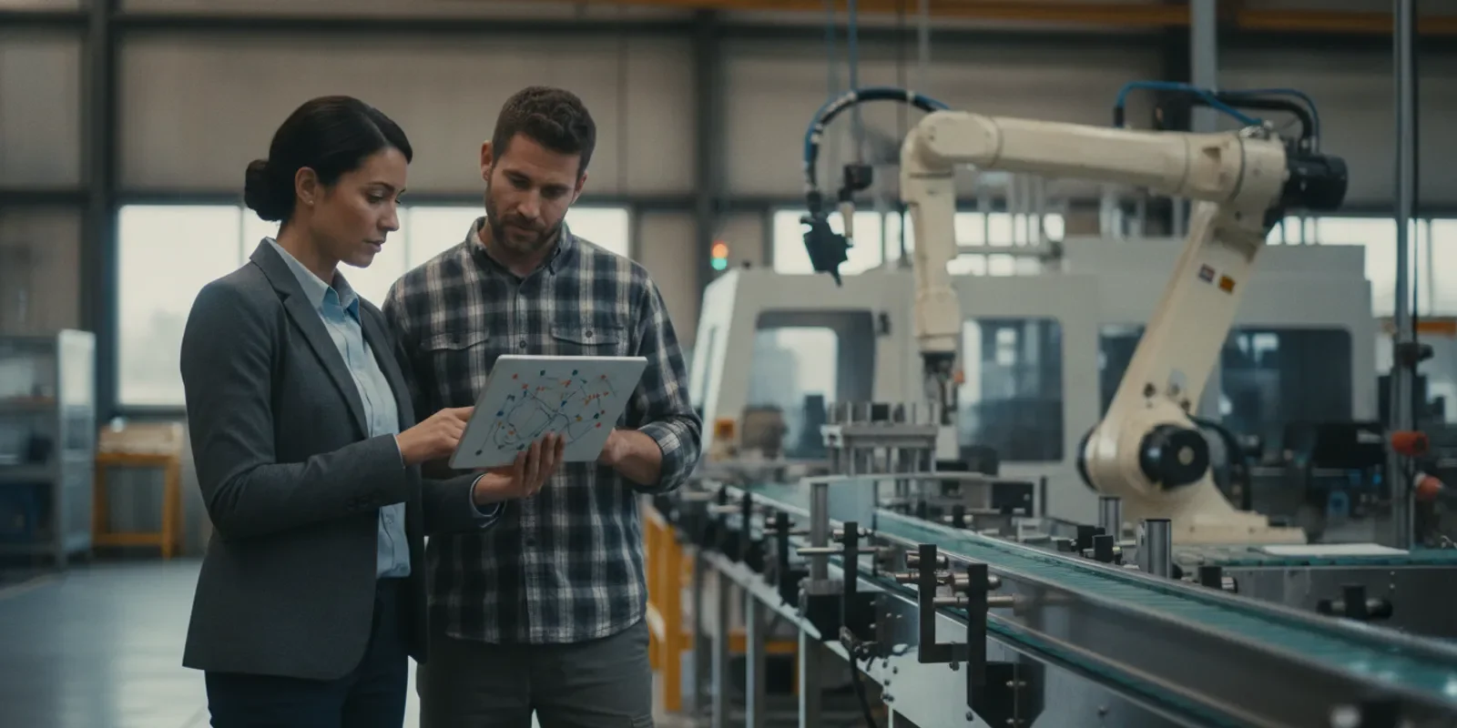 Manufacturing leaders reviewing technology priorities beside a production line